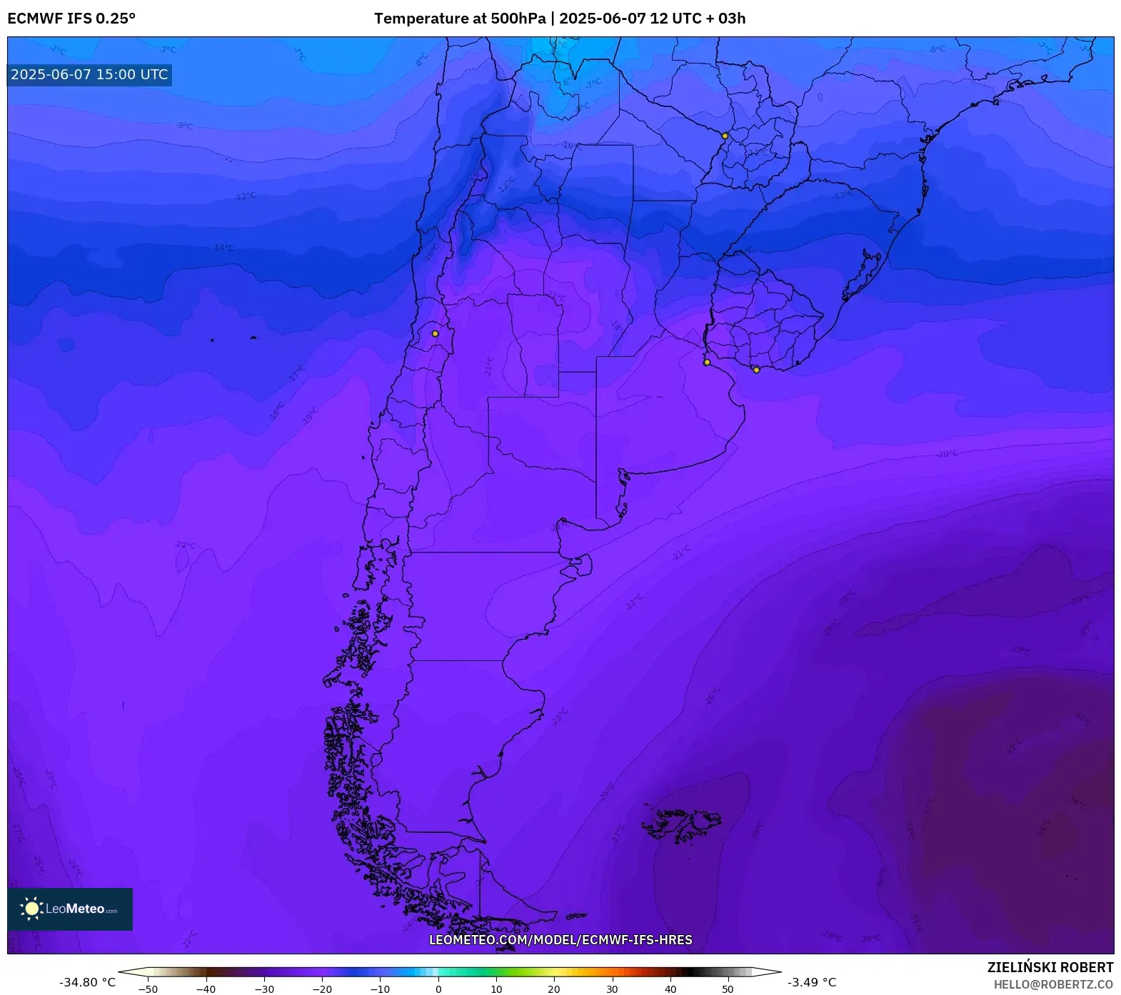 ECMWF IFS 0.25° model - Argentina, Suhu 500 hPa