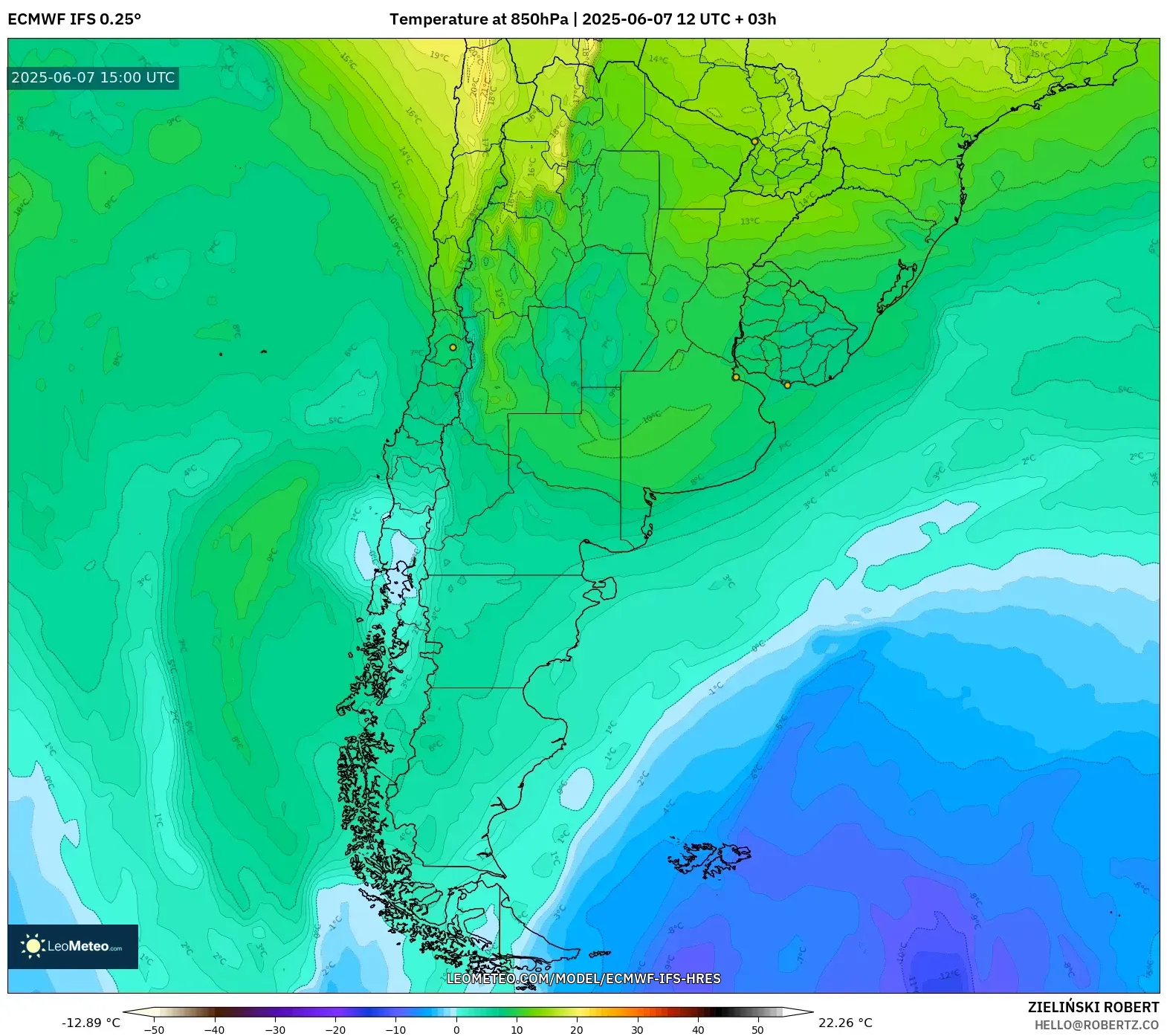 ECMWF IFS 0.25° model - Argentina, Suhu 850 hPa
