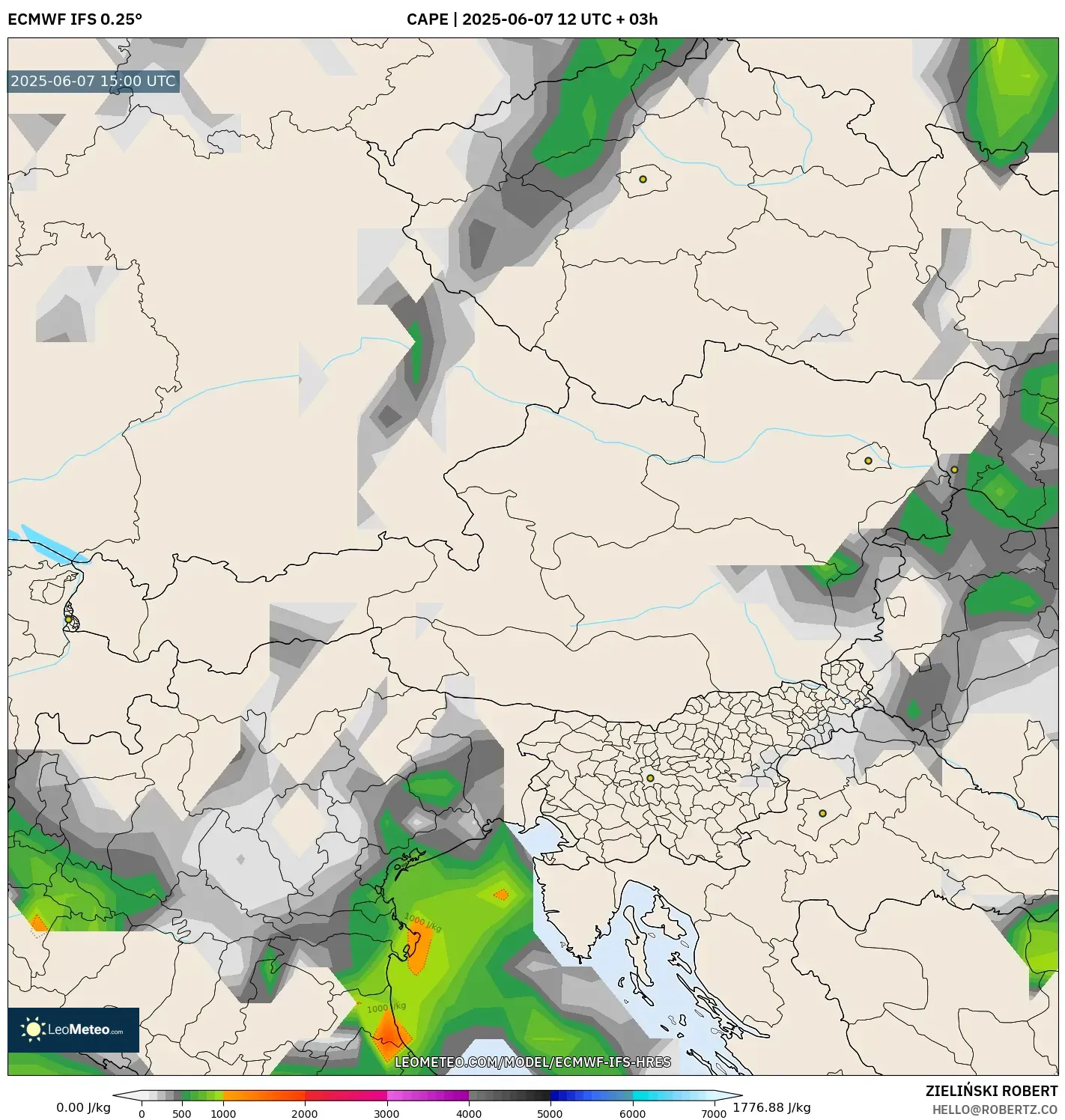 ECMWF IFS 0.25° model - Austria, CAPE ECMWF IFS 0.25° model - Austria, CAPE
