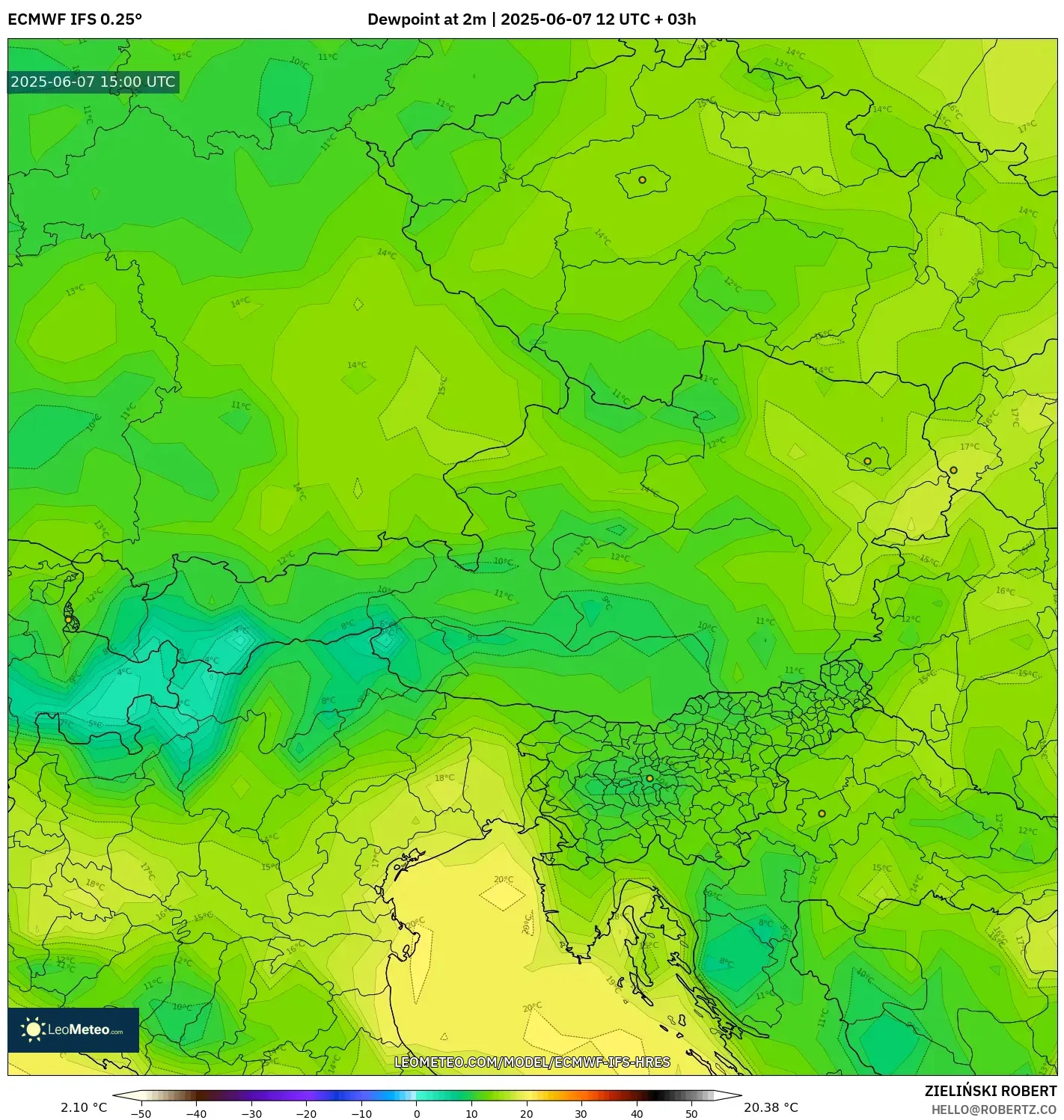 ECMWF IFS 0.25° model - Austria, Titik Embun 2 m ECMWF IFS 0.25° model - Austria, Titik Embun 2 m
