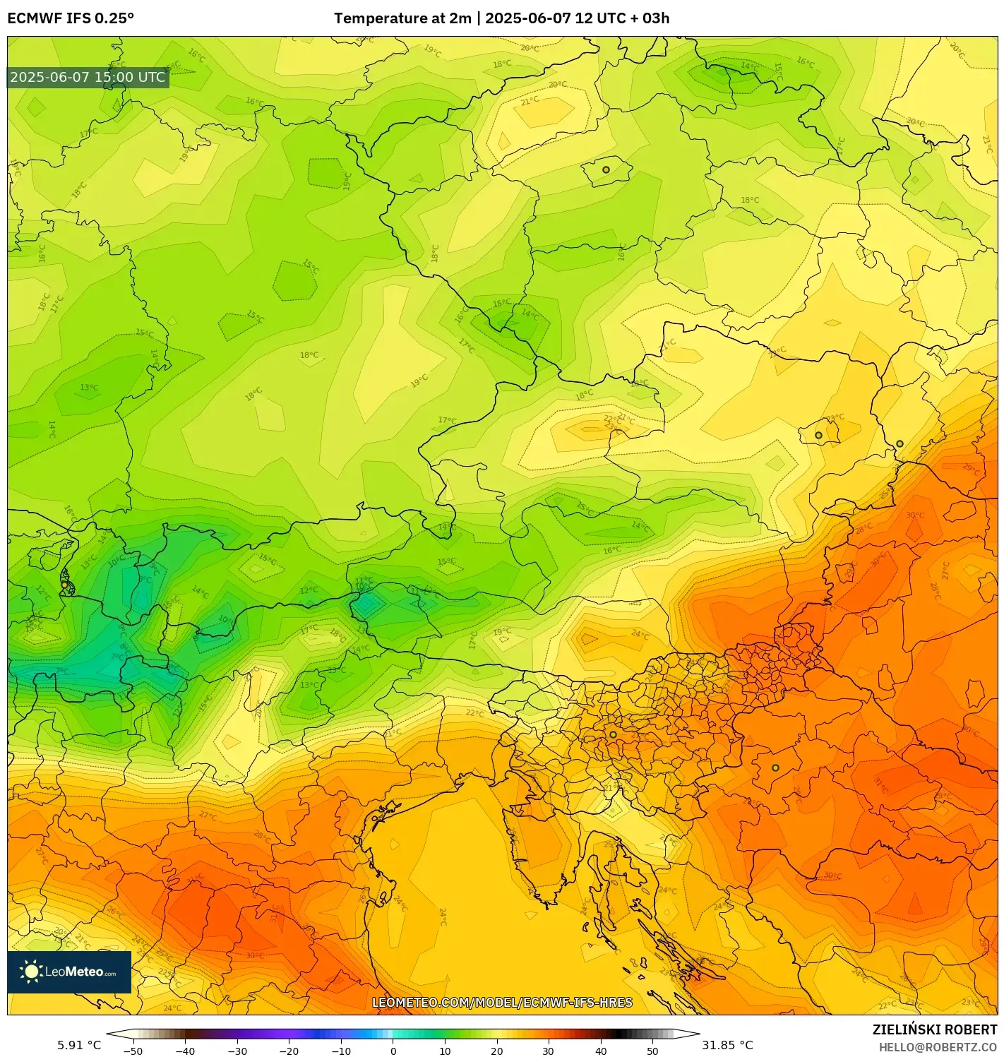ECMWF IFS 0.25° model - Austria, Suhu 2 m