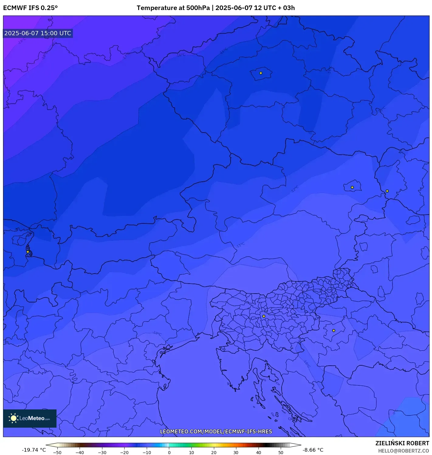 ECMWF IFS 0.25° model - Austria, Suhu 500 hPa