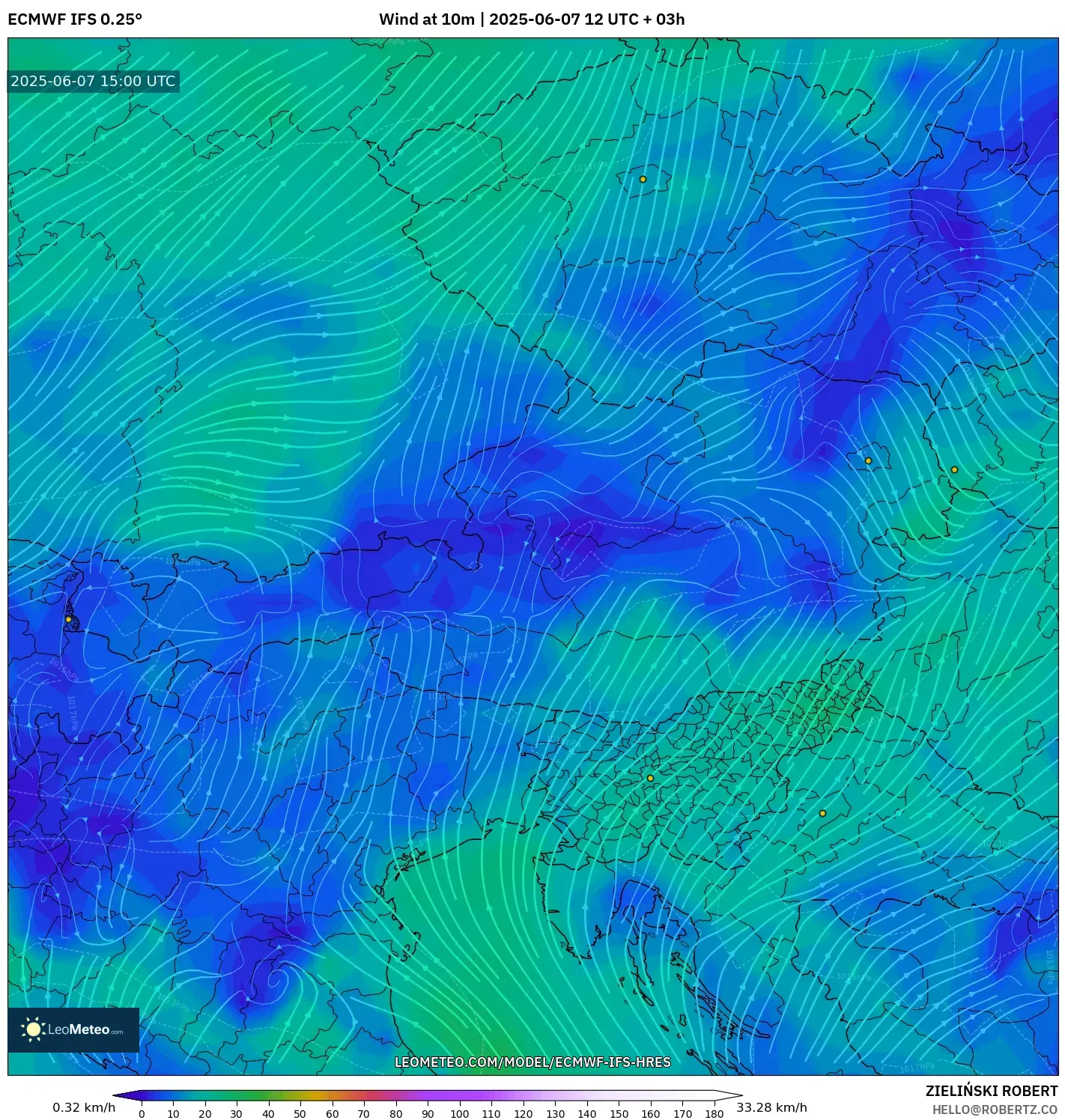 ECMWF IFS 0.25° model - Austria, Angin 10 m ECMWF IFS 0.25° model - Austria, Angin 10 m