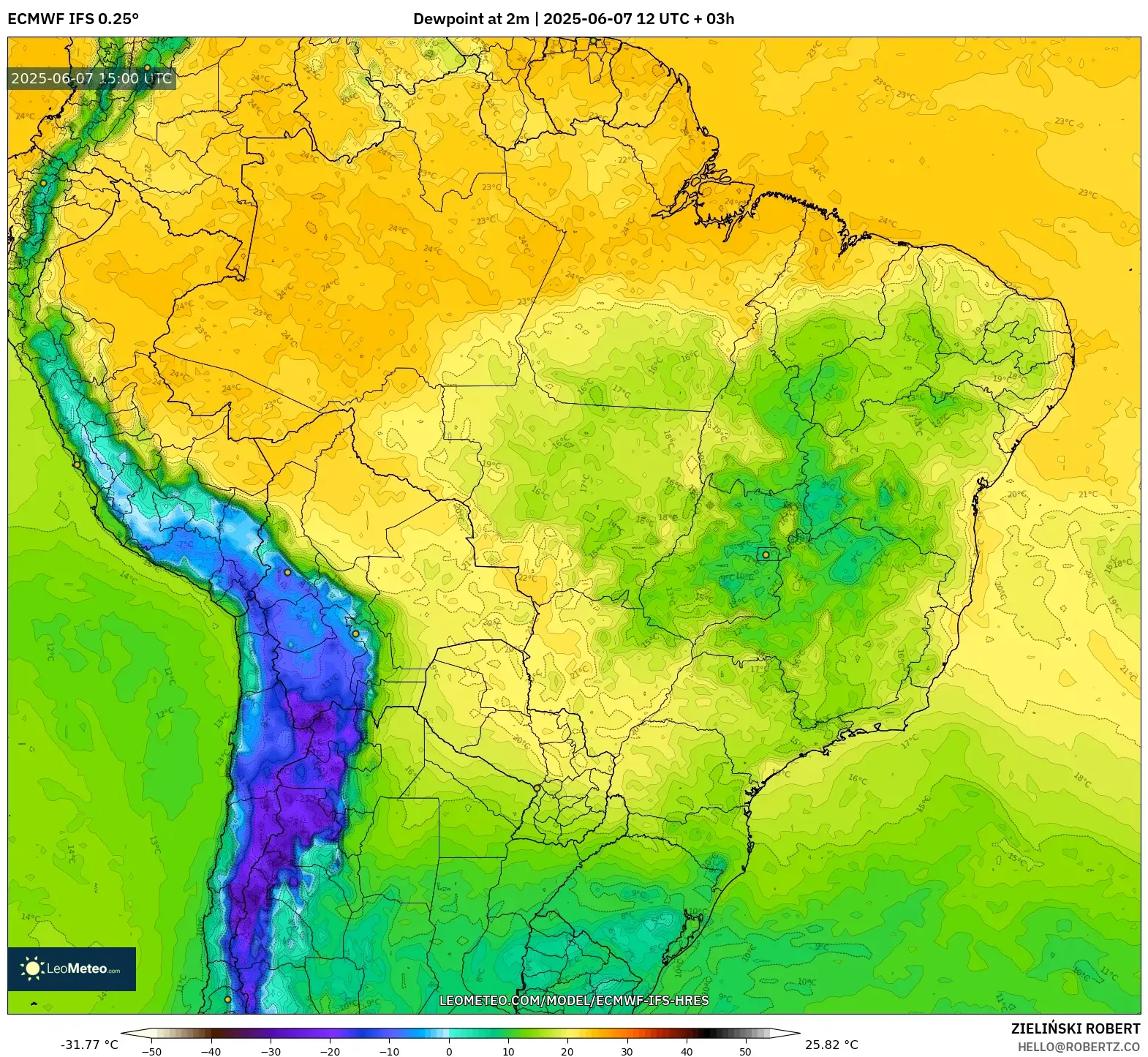 ECMWF IFS 0.25° model - Brasil, Titik Embun 2 m ECMWF IFS 0.25° model - Brasil, Titik Embun 2 m