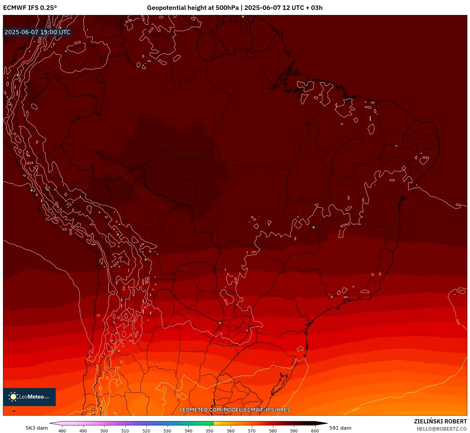ECMWF IFS 0.25° model - Brasil, Ketinggian geopotensial pada 500 hPa ECMWF IFS 0.25° model - Brasil, Ketinggian geopotensial pada 500 hPa