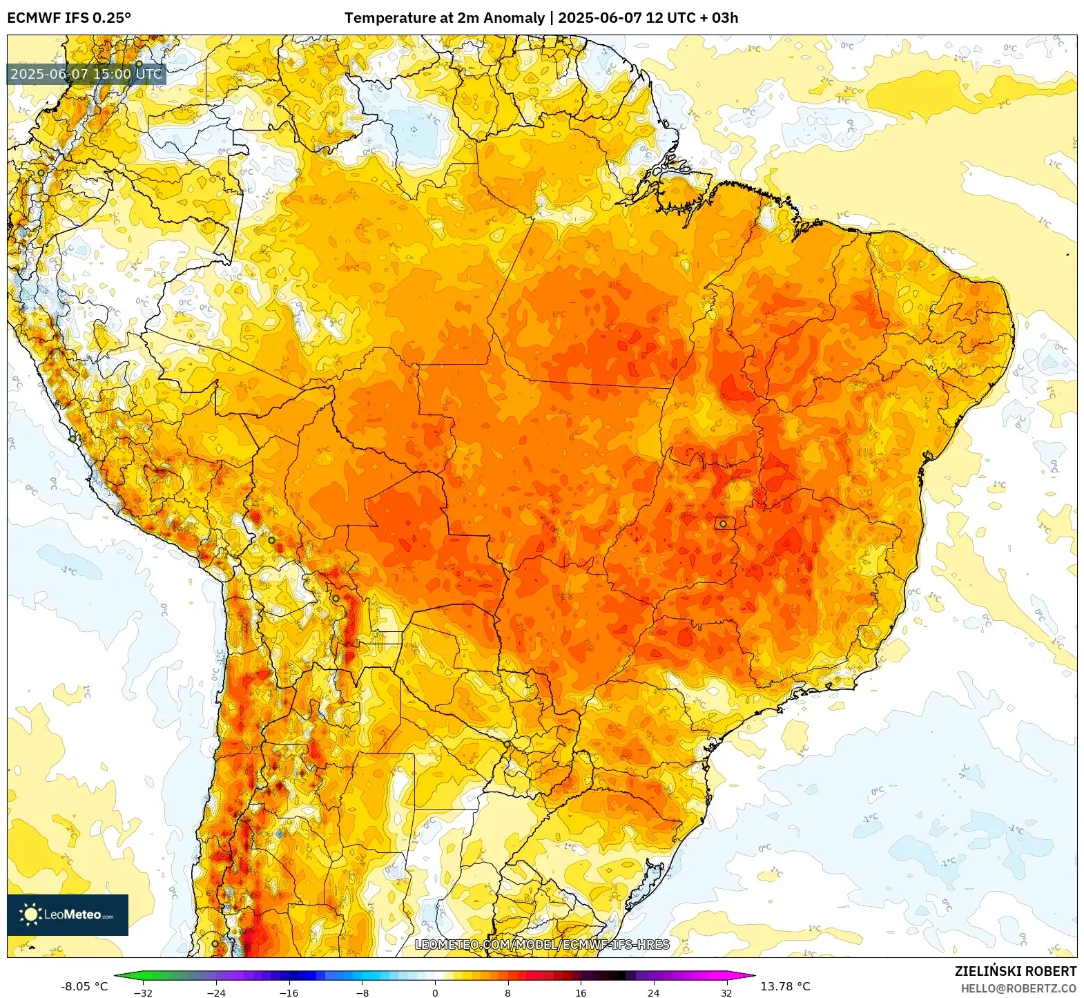 ECMWF IFS 0.25° model - Brasil, Anomali Suhu 2 m ECMWF IFS 0.25° model - Brasil, Anomali Suhu 2 m