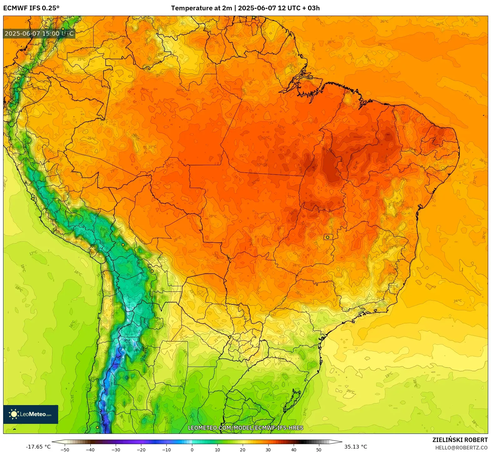 ECMWF IFS 0.25° model - Brasil, Suhu 2 m ECMWF IFS 0.25° model - Brasil, Suhu 2 m