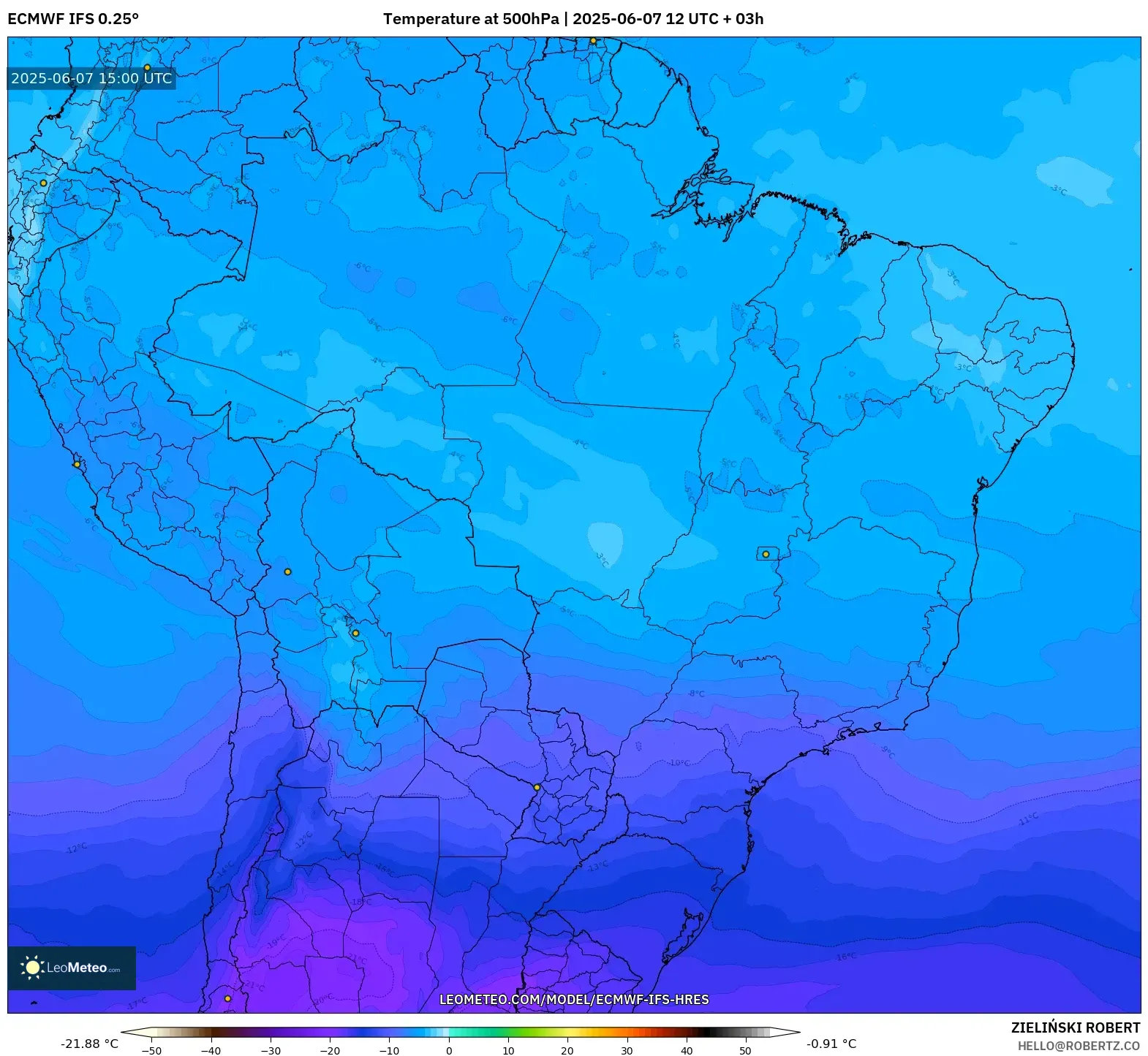 ECMWF IFS 0.25° model - Brasil, Suhu 500 hPa ECMWF IFS 0.25° model - Brasil, Suhu 500 hPa