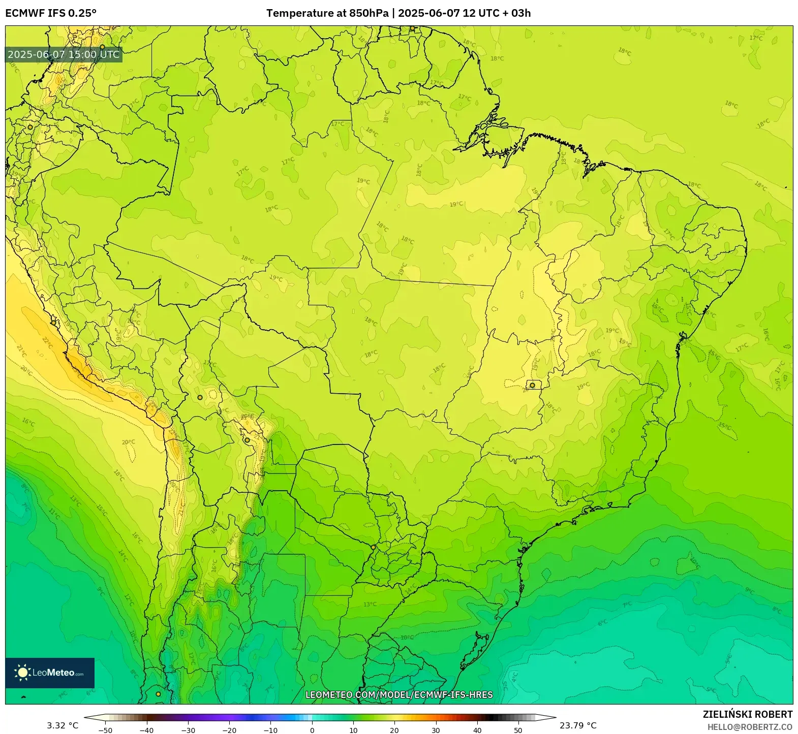 ECMWF IFS 0.25° model - Brasil, Suhu 850 hPa