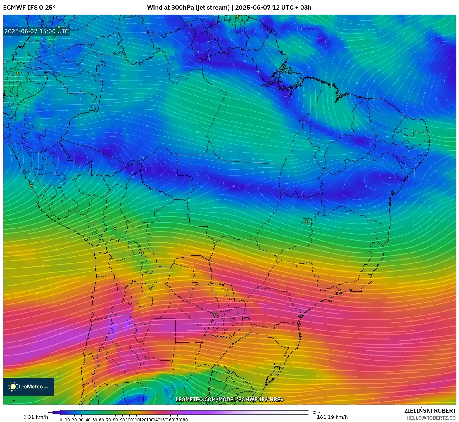 ECMWF IFS 0.25° model - Brasil, Angin 300 hPa (aliran jet)