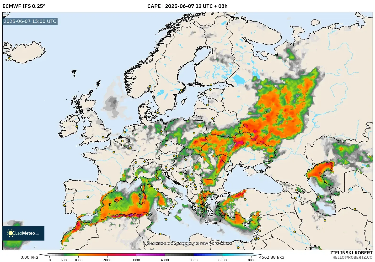 ECMWF IFS 0.25° model - Eropa, CAPE