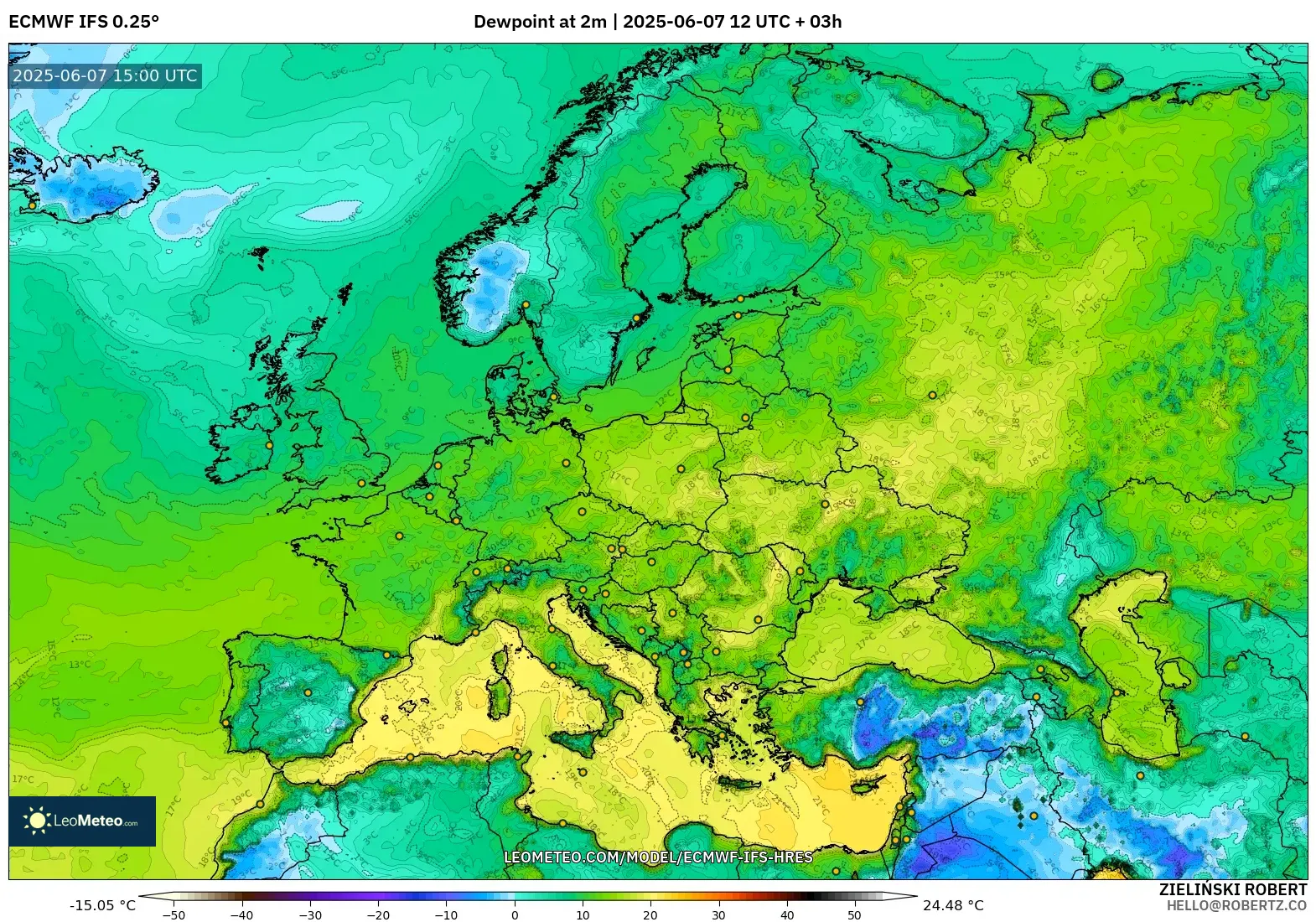 ECMWF IFS 0.25° model - Eropa, Titik Embun 2 m