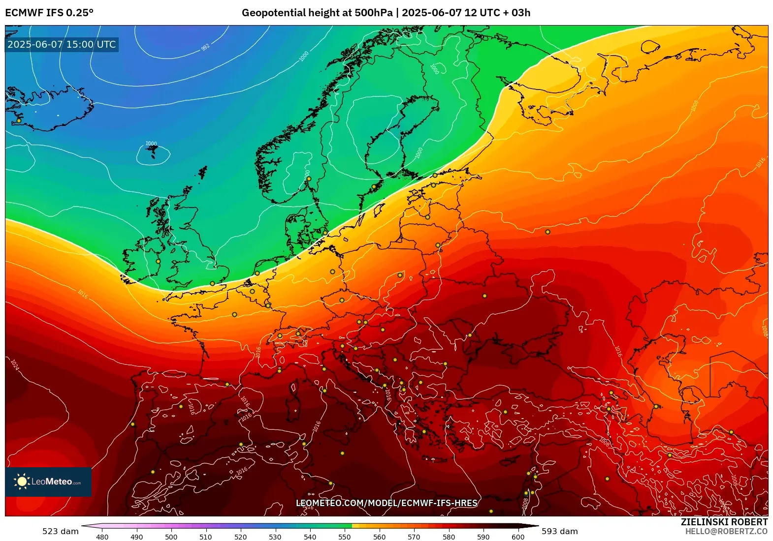 ECMWF IFS 0.25° model - Eropa, Ketinggian geopotensial pada 500 hPa