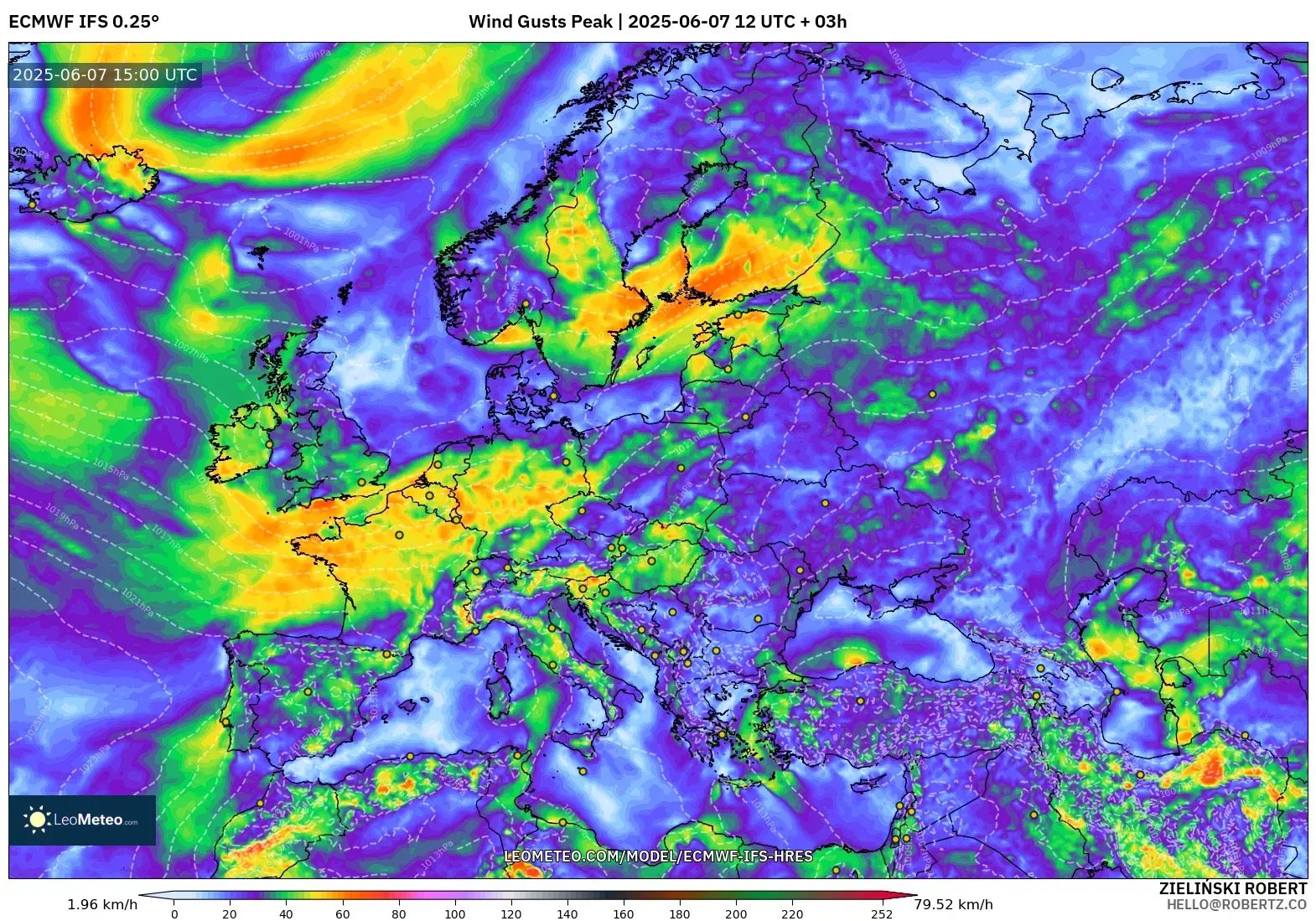 ECMWF IFS 0.25° model - Eropa, Puncak Hembusan