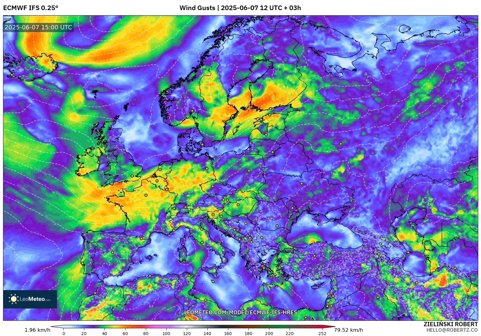 ECMWF IFS 0.25° model - Eropa, Hembusan Angin