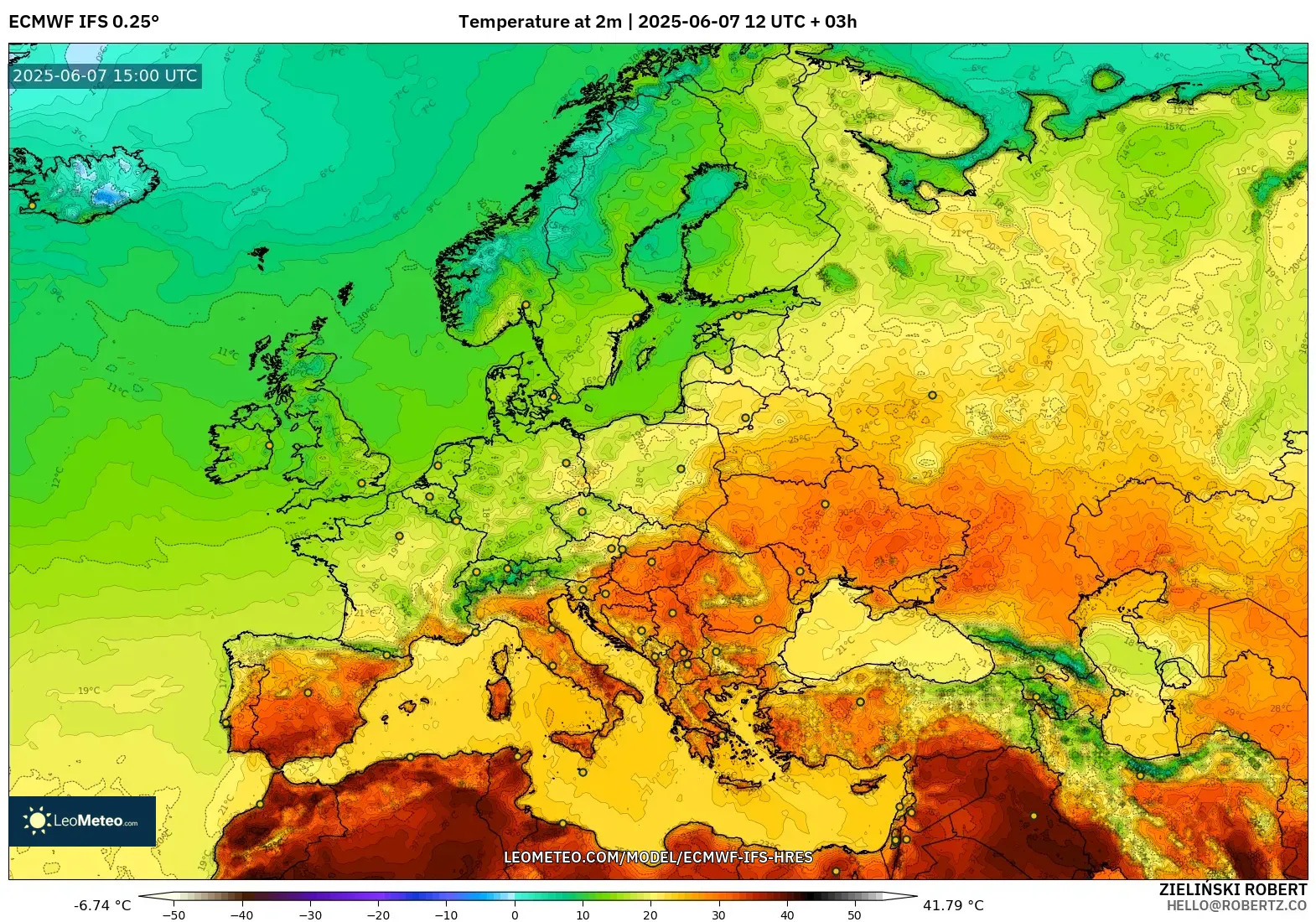 ECMWF IFS 0.25° model - Eropa, Suhu 2 m