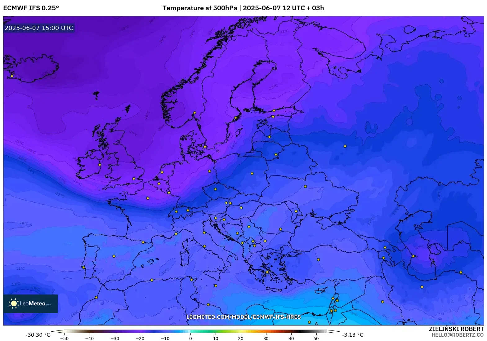 ECMWF IFS 0.25° model - Eropa, Suhu 500 hPa