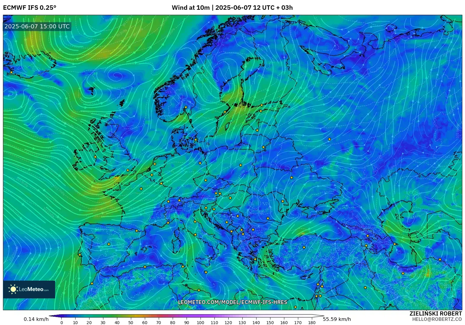ECMWF IFS 0.25° model - Eropa, Angin 10 m