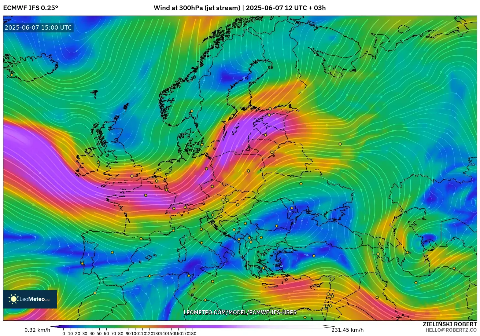 ECMWF IFS 0.25° model - Eropa, Angin 300 hPa (aliran jet)