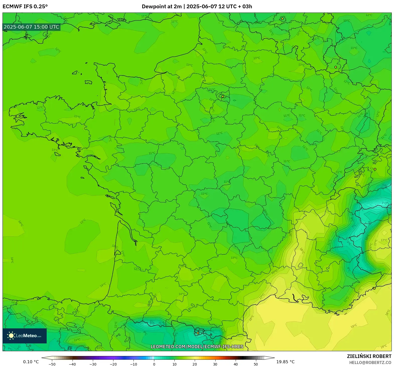 ECMWF IFS 0.25° model - Prancis, Titik Embun 2 m