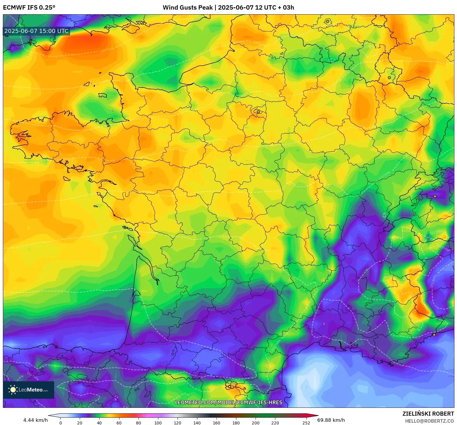 ECMWF IFS 0.25° model - Prancis, Puncak Hembusan