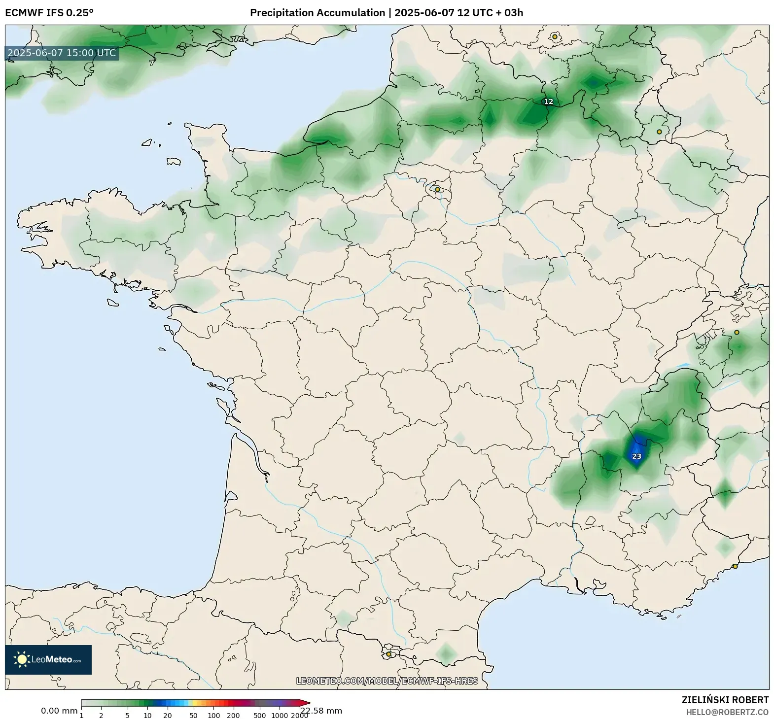 ECMWF IFS 0.25° model - Prancis, Akumulasi Curah Hujan