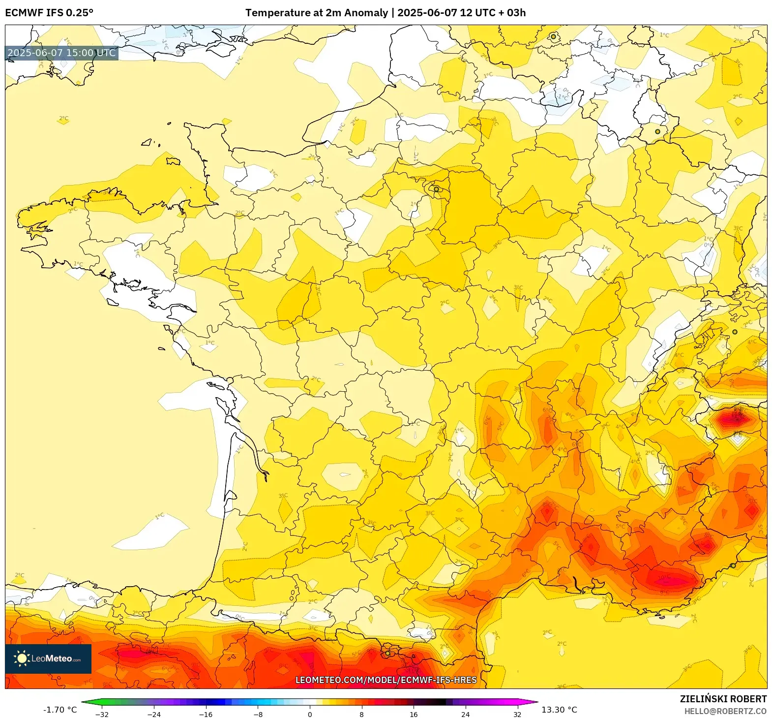 ECMWF IFS 0.25° model - Prancis, Anomali Suhu 2 m ECMWF IFS 0.25° model - Prancis, Anomali Suhu 2 m