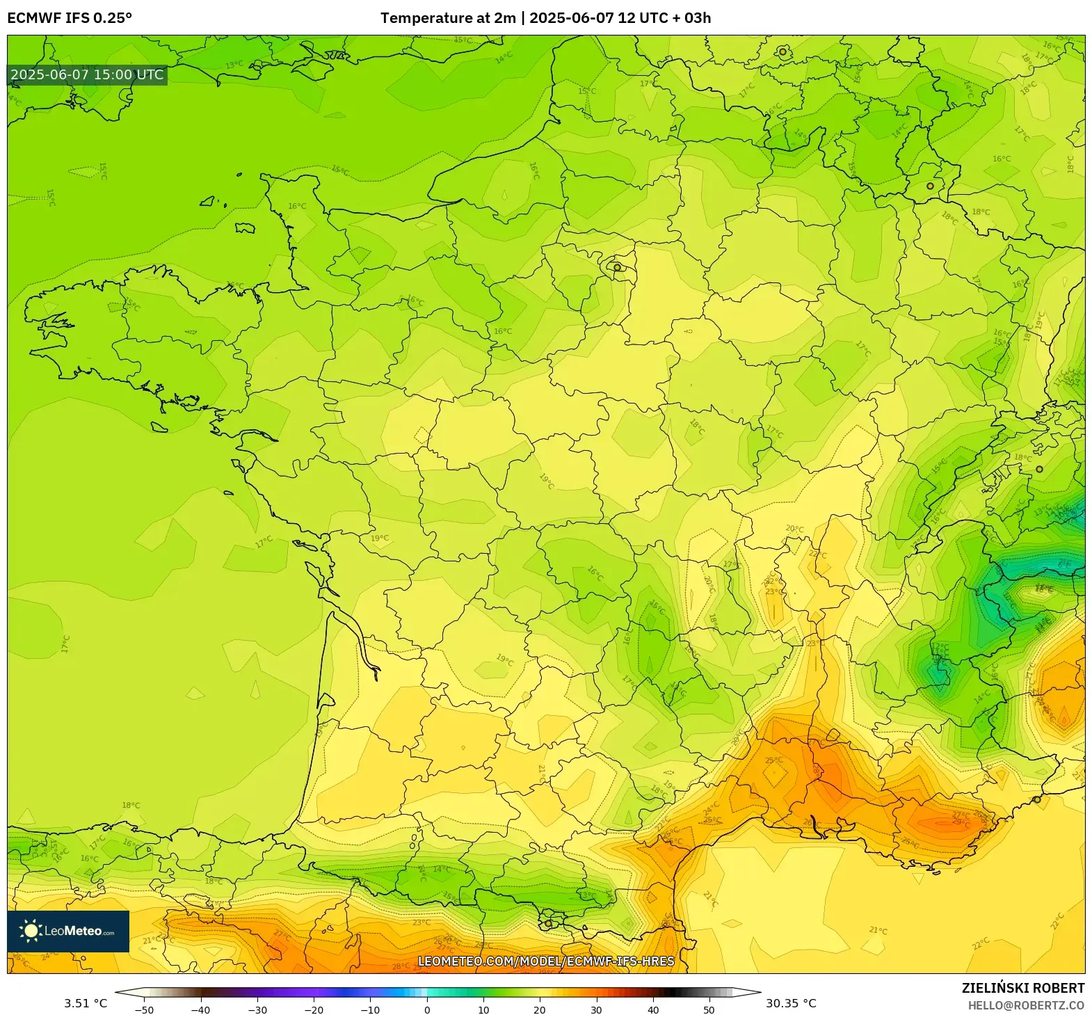 ECMWF IFS 0.25° model - Prancis, Suhu 2 m ECMWF IFS 0.25° model - Prancis, Suhu 2 m