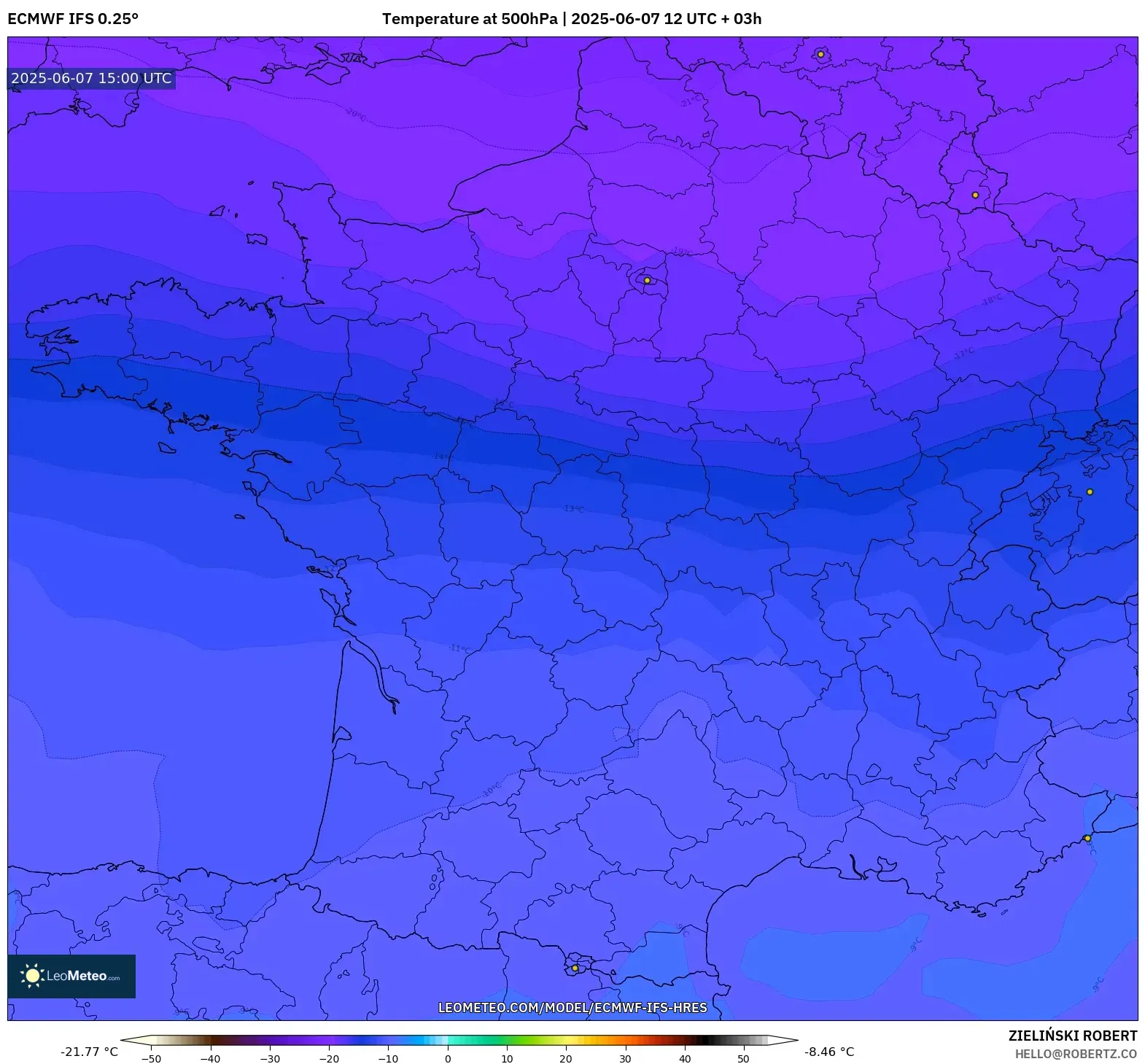 ECMWF IFS 0.25° model - Prancis, Suhu 500 hPa