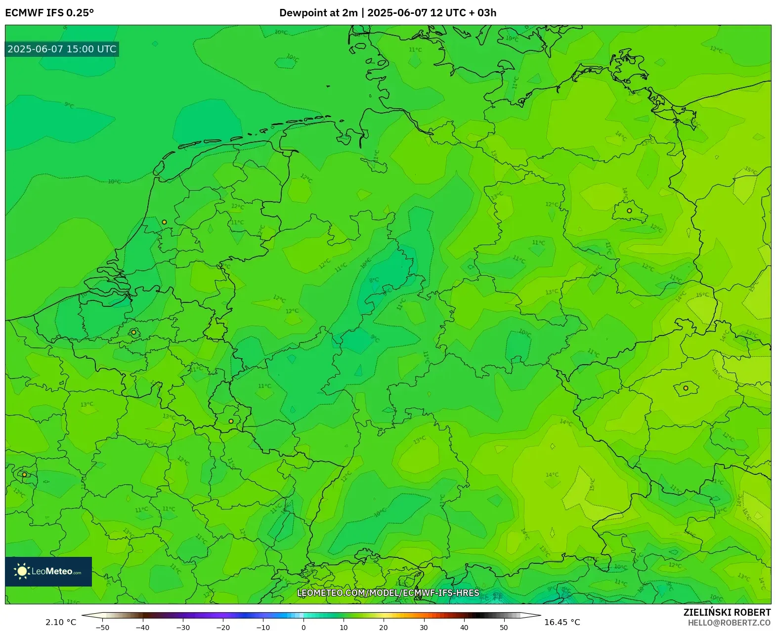 ECMWF IFS 0.25° model - Jerman, Titik Embun 2 m ECMWF IFS 0.25° model - Jerman, Titik Embun 2 m