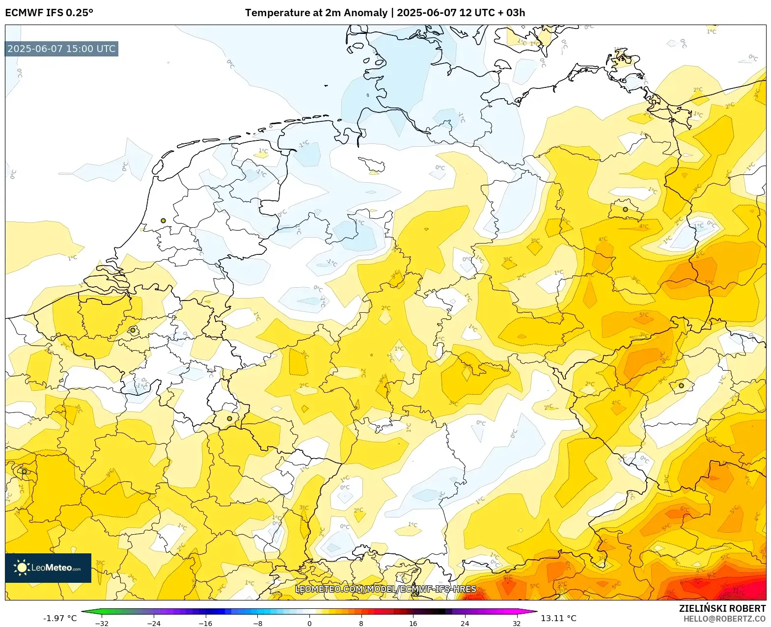 ECMWF IFS 0.25° model - Jerman, Anomali Suhu 2 m ECMWF IFS 0.25° model - Jerman, Anomali Suhu 2 m