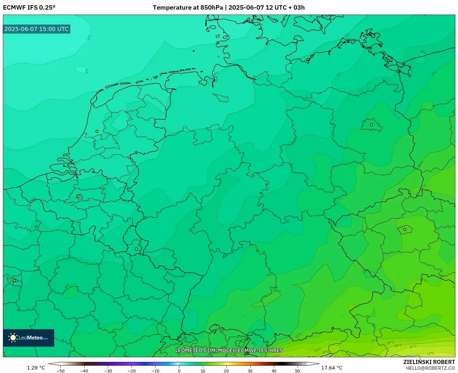 ECMWF IFS 0.25° model - Jerman, Suhu 850 hPa