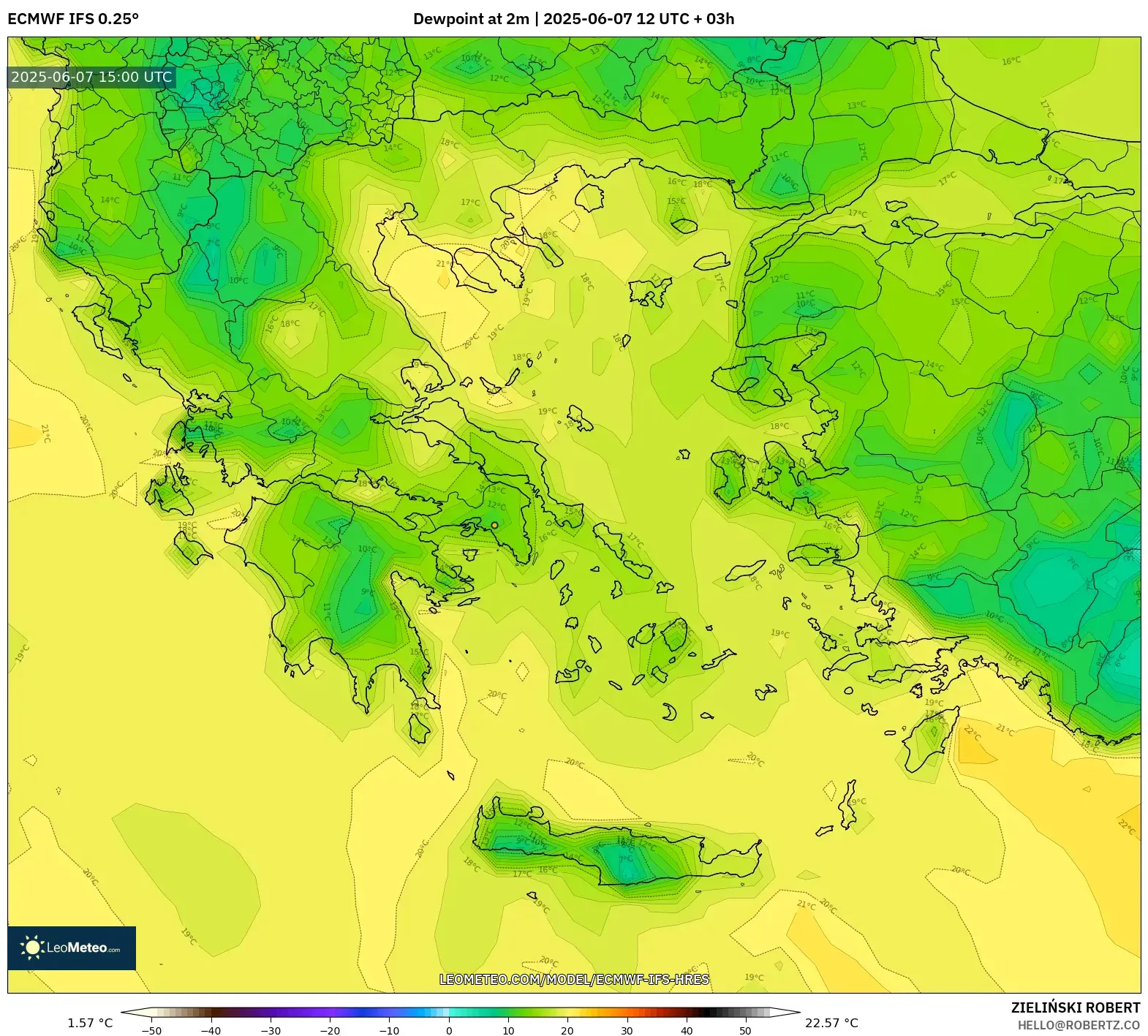 ECMWF IFS 0.25° model - Yunani, Titik Embun 2 m ECMWF IFS 0.25° model - Yunani, Titik Embun 2 m