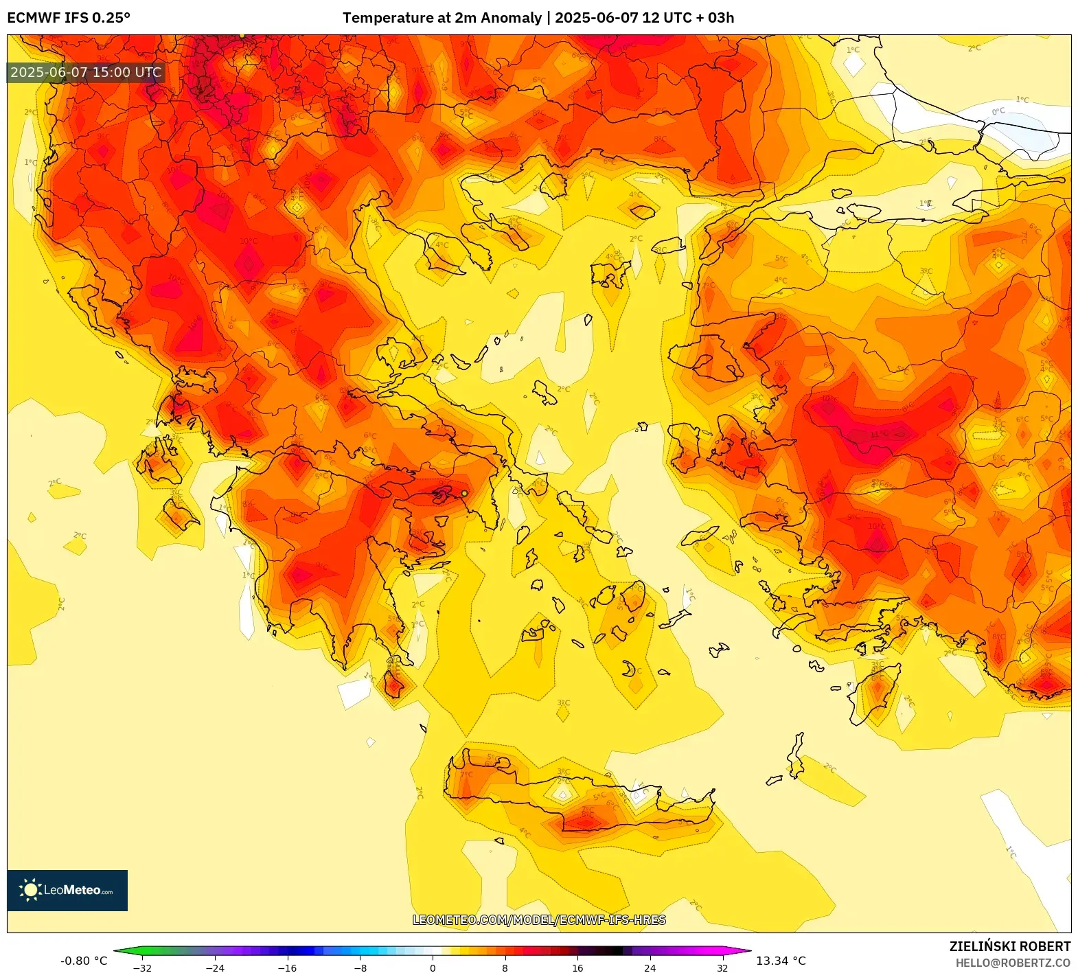 ECMWF IFS 0.25° model - Yunani, Anomali Suhu 2 m ECMWF IFS 0.25° model - Yunani, Anomali Suhu 2 m