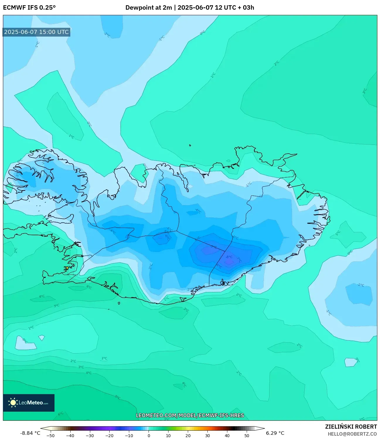 ECMWF IFS 0.25° model - Islandia, Titik Embun 2 m ECMWF IFS 0.25° model - Islandia, Titik Embun 2 m