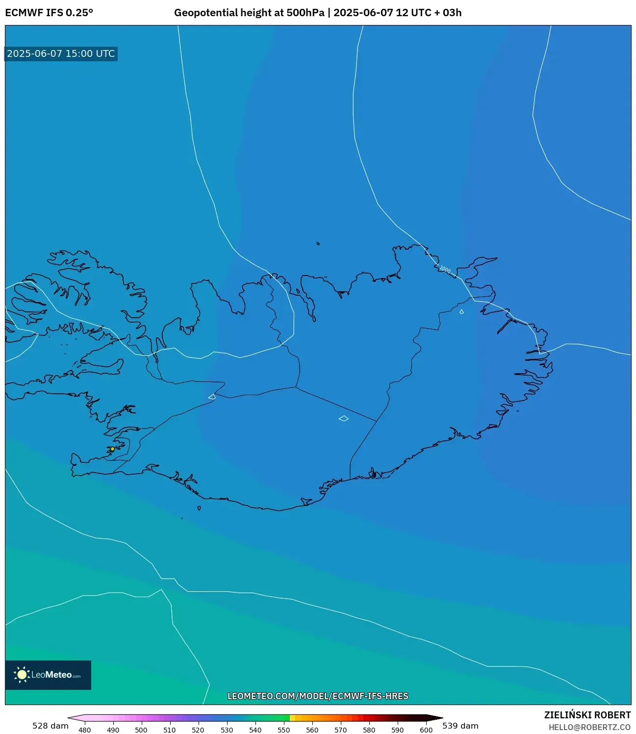 ECMWF IFS 0.25° model - Islandia, Ketinggian geopotensial pada 500 hPa ECMWF IFS 0.25° model - Islandia, Ketinggian geopotensial pada 500 hPa