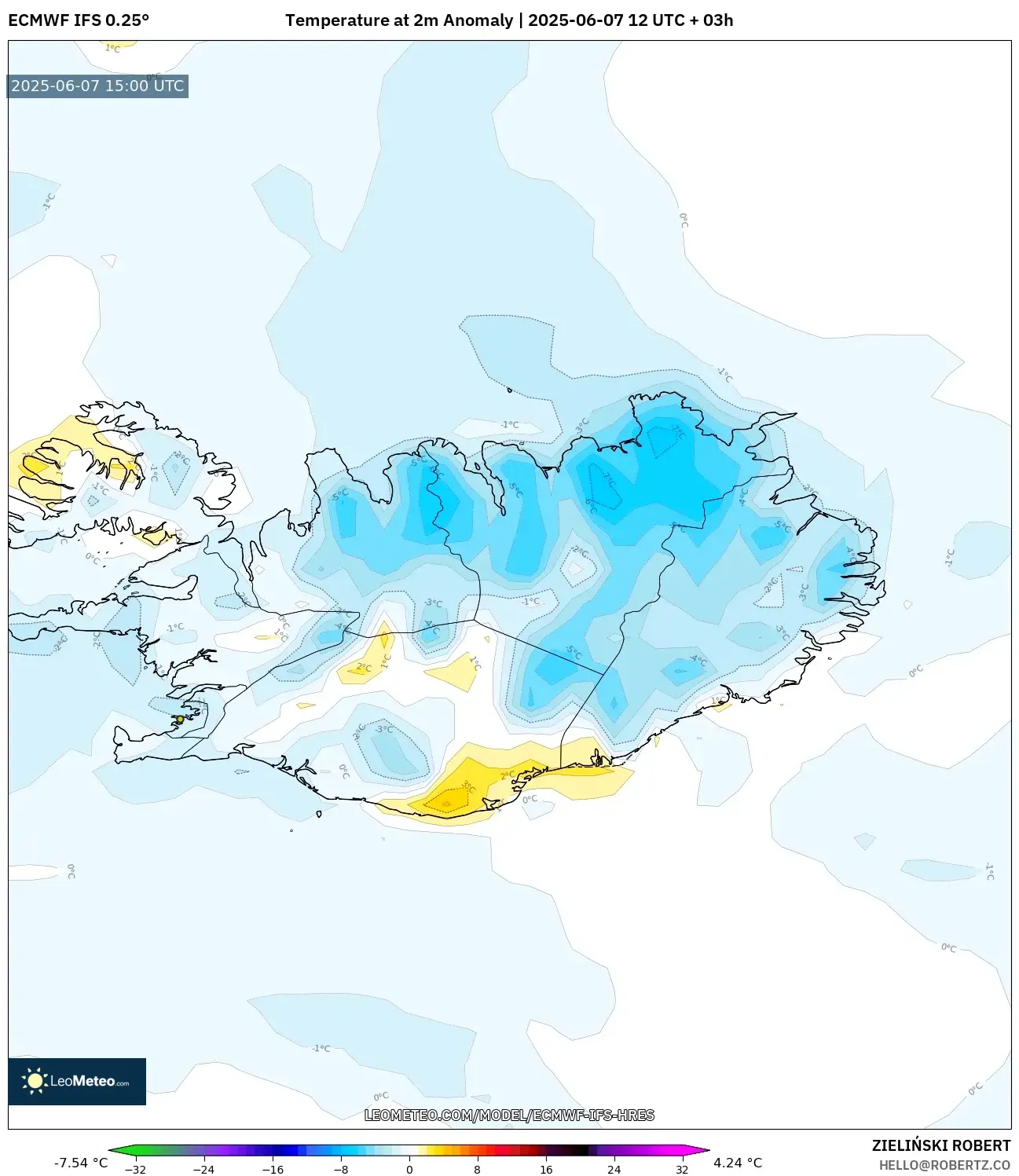 ECMWF IFS 0.25° model - Islandia, Anomali Suhu 2 m