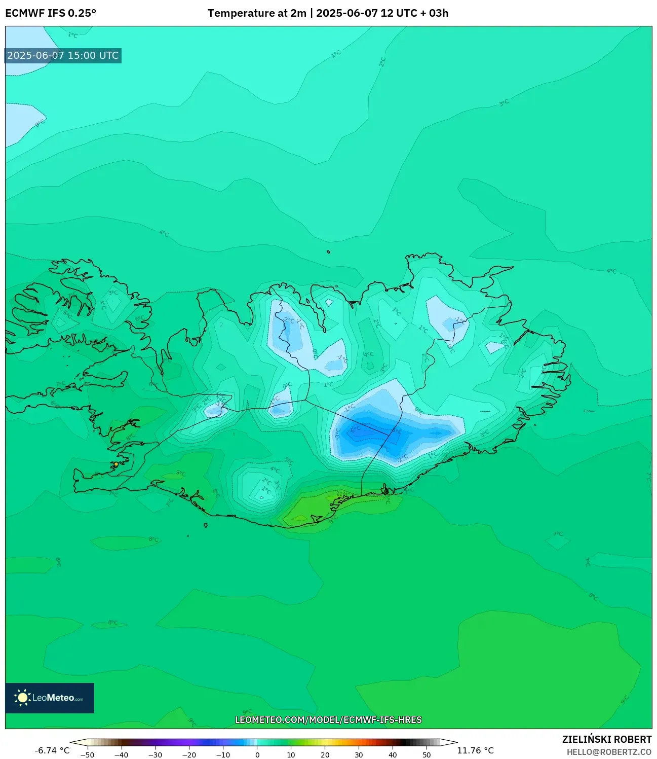 ECMWF IFS 0.25° model - Islandia, Suhu 2 m ECMWF IFS 0.25° model - Islandia, Suhu 2 m