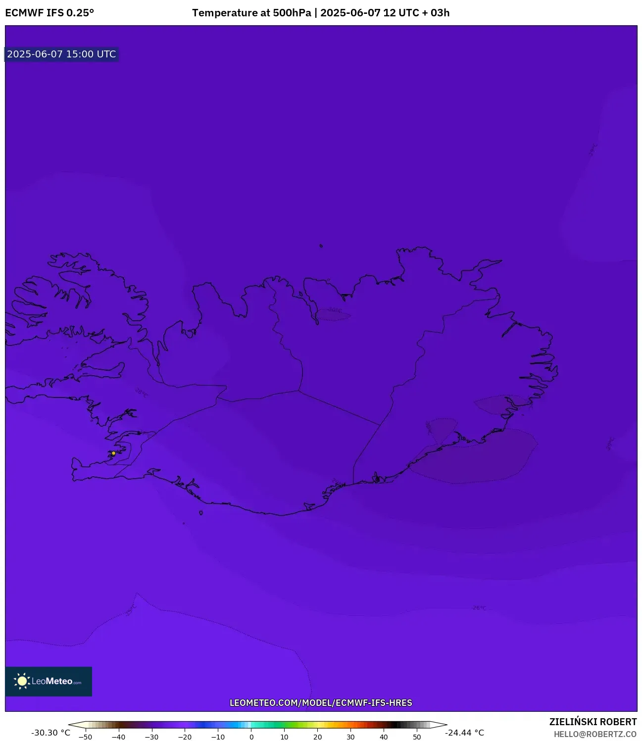 ECMWF IFS 0.25° model - Islandia, Suhu 500 hPa