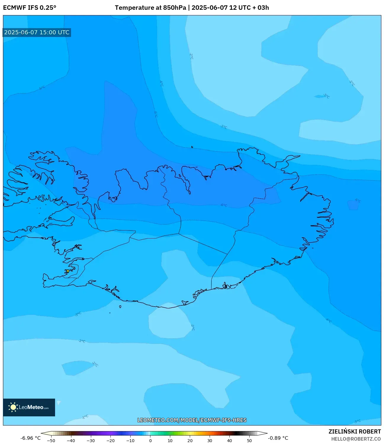 ECMWF IFS 0.25° model - Islandia, Suhu 850 hPa