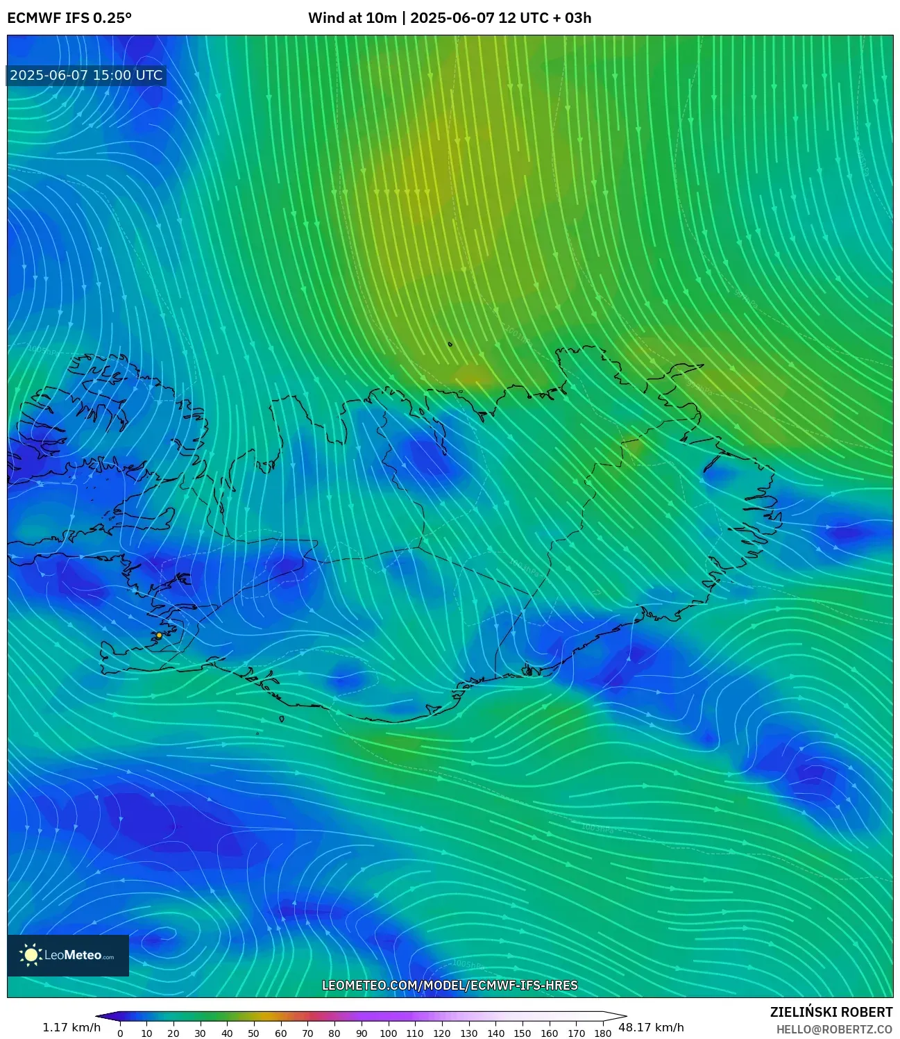ECMWF IFS 0.25° model - Islandia, Angin 10 m