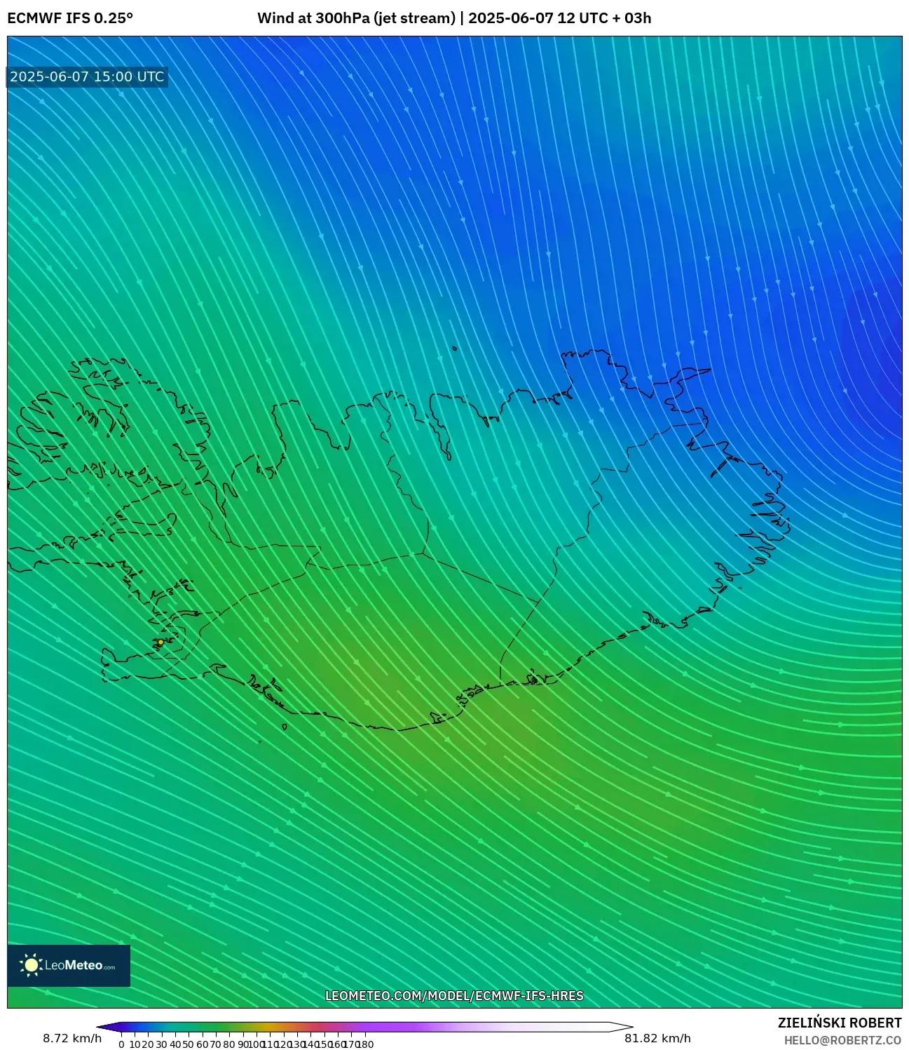 ECMWF IFS 0.25° model - Islandia, Angin 300 hPa (aliran jet)