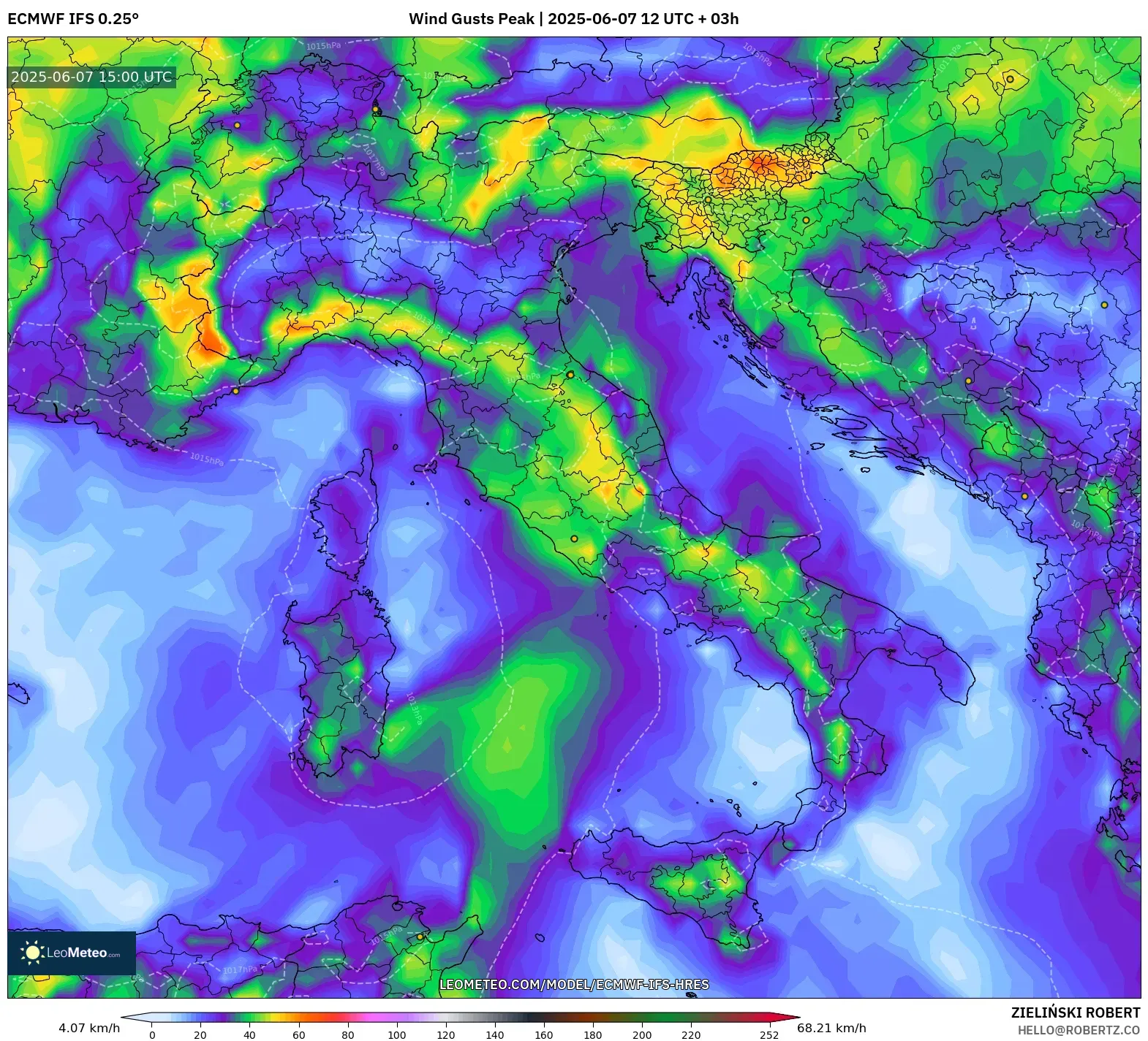 ECMWF IFS 0.25° model - Italia, Puncak Hembusan ECMWF IFS 0.25° model - Italia, Puncak Hembusan