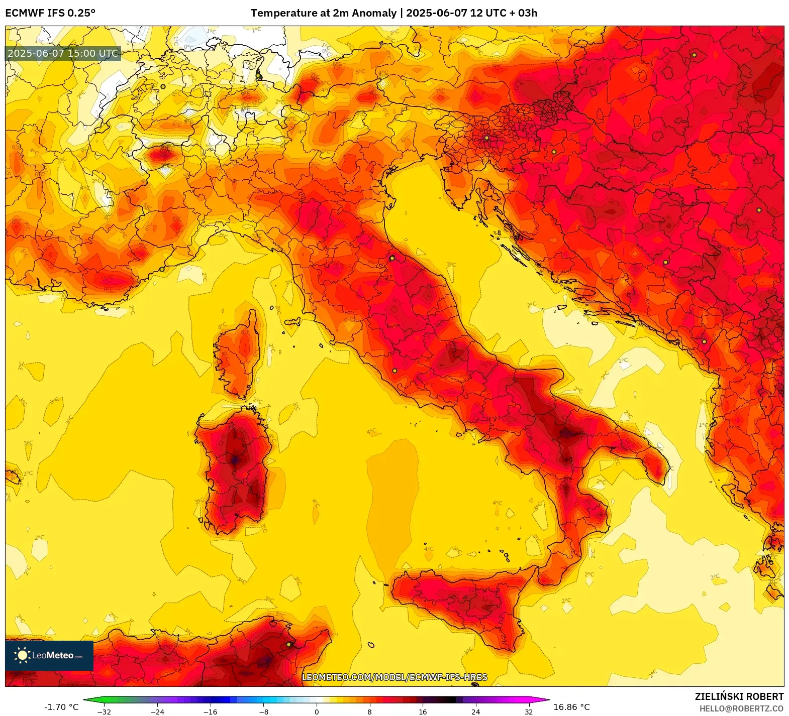 ECMWF IFS 0.25° model - Italia, Anomali Suhu 2 m ECMWF IFS 0.25° model - Italia, Anomali Suhu 2 m