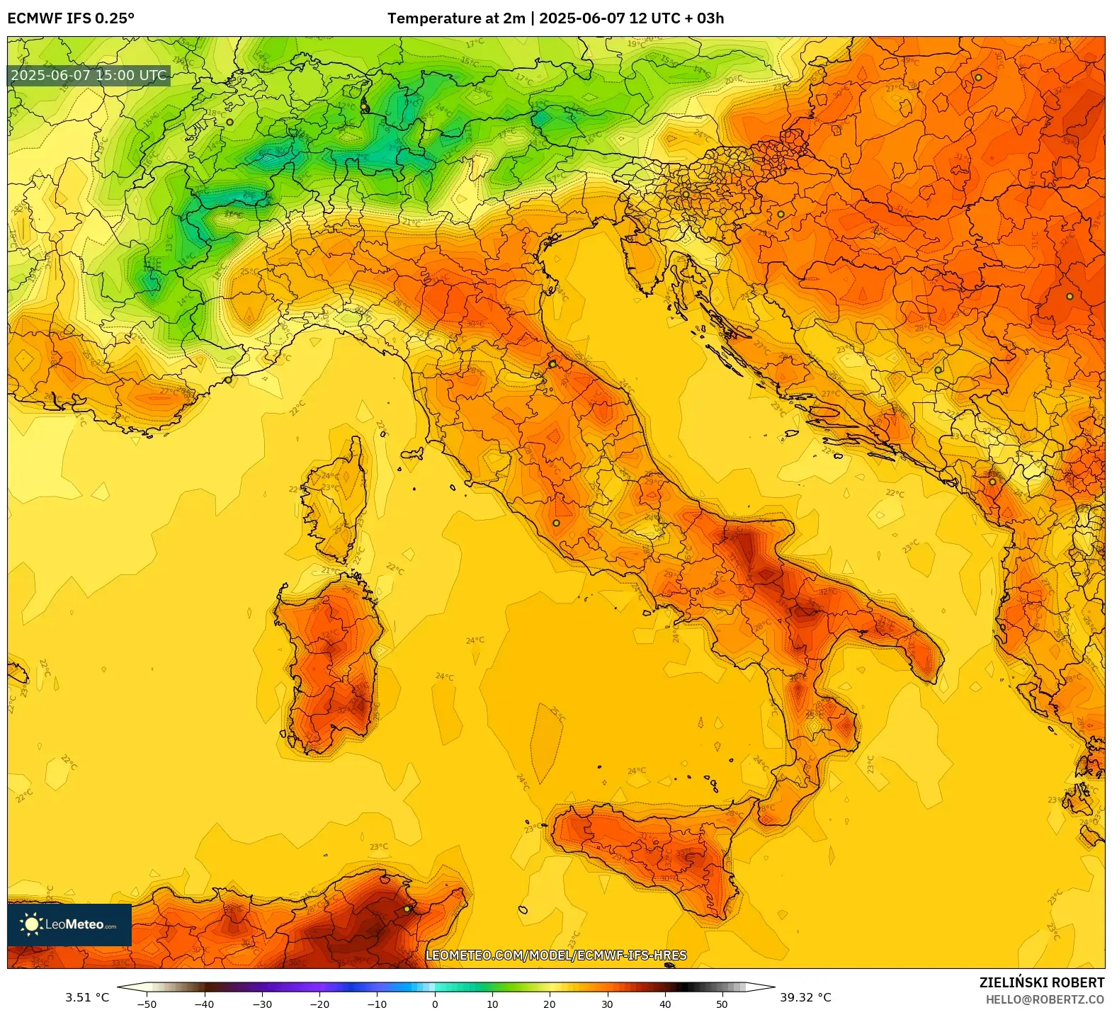 ECMWF IFS 0.25° model - Italia, Suhu 2 m ECMWF IFS 0.25° model - Italia, Suhu 2 m