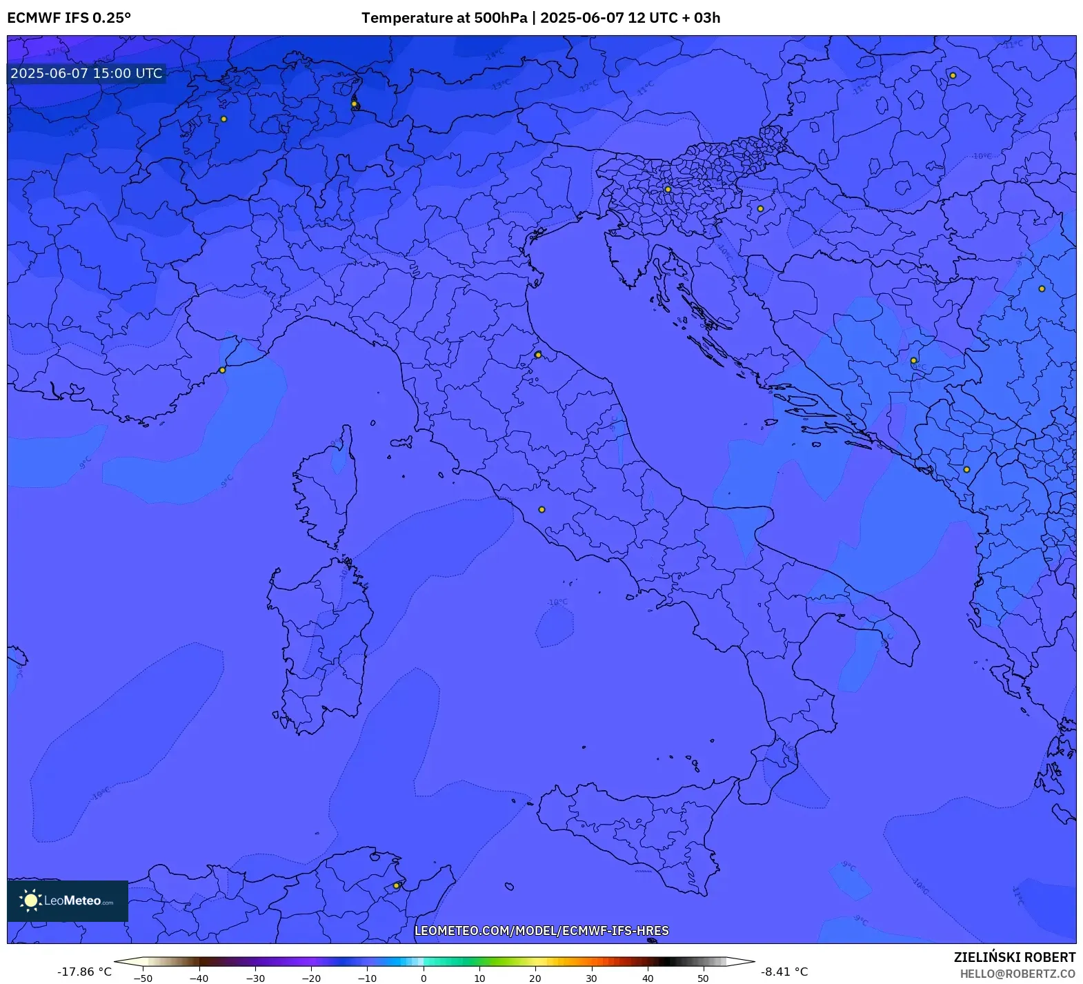 ECMWF IFS 0.25° model - Italia, Suhu 500 hPa