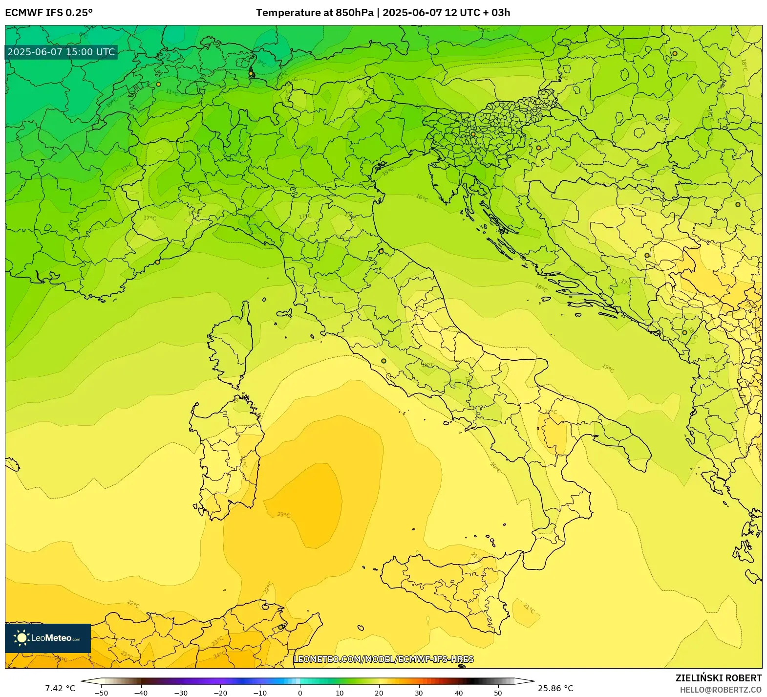 ECMWF IFS 0.25° model - Italia, Suhu 850 hPa