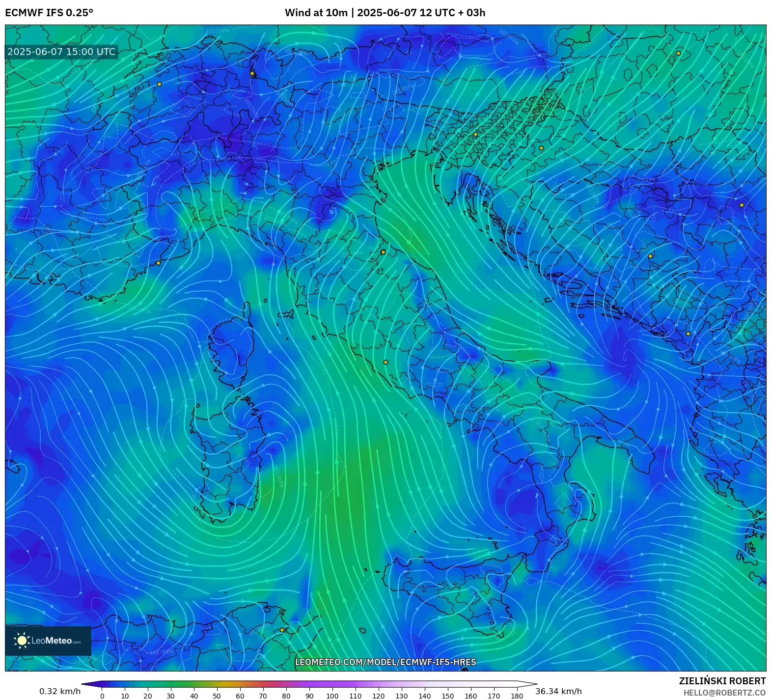 ECMWF IFS 0.25° model - Italia, Angin 10 m