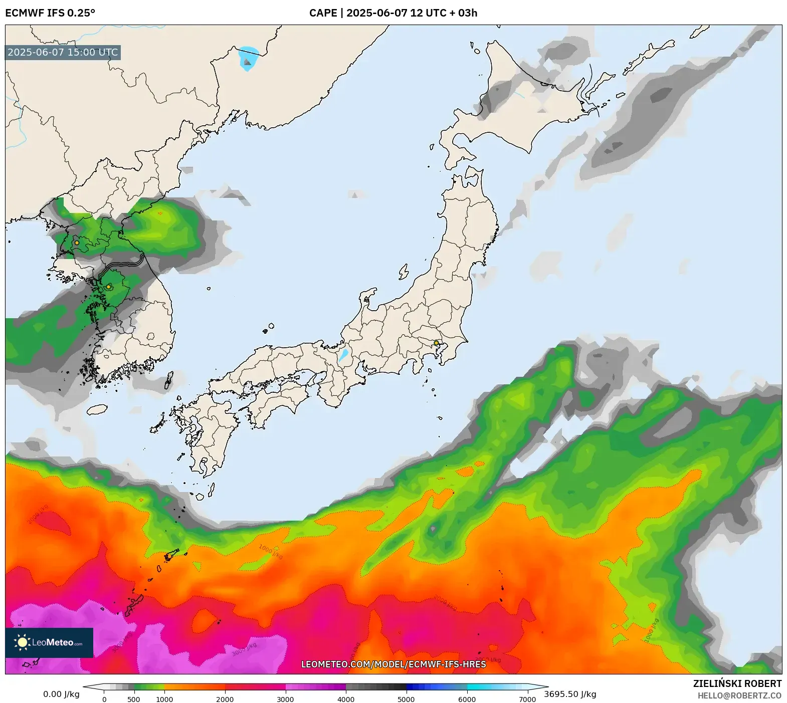 ECMWF IFS 0.25° model - Jepang, CAPE ECMWF IFS 0.25° model - Jepang, CAPE