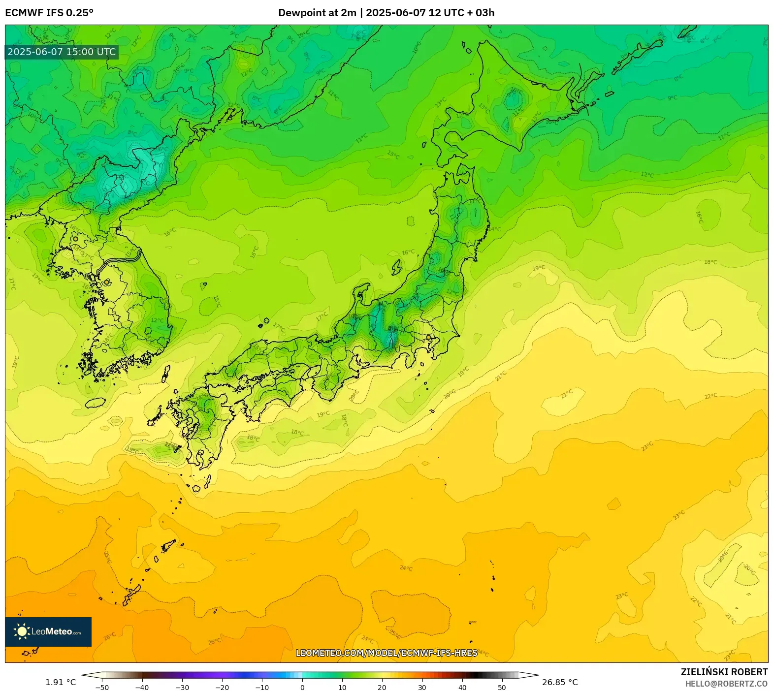 ECMWF IFS 0.25° model - Jepang, Titik Embun 2 m ECMWF IFS 0.25° model - Jepang, Titik Embun 2 m